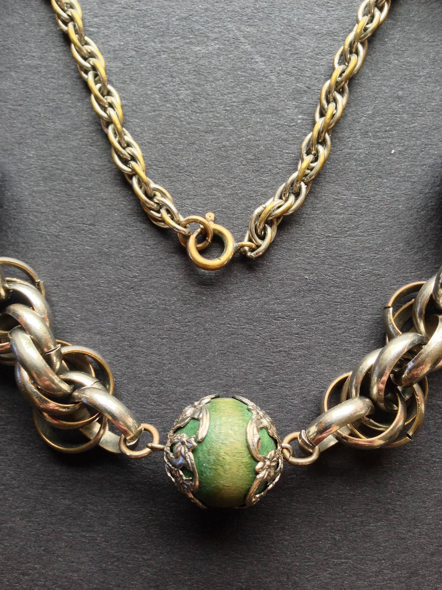 Vintage Art Deco machine age, chunky silver tone and green wood bead necklace - attributed to Jakob Bengel