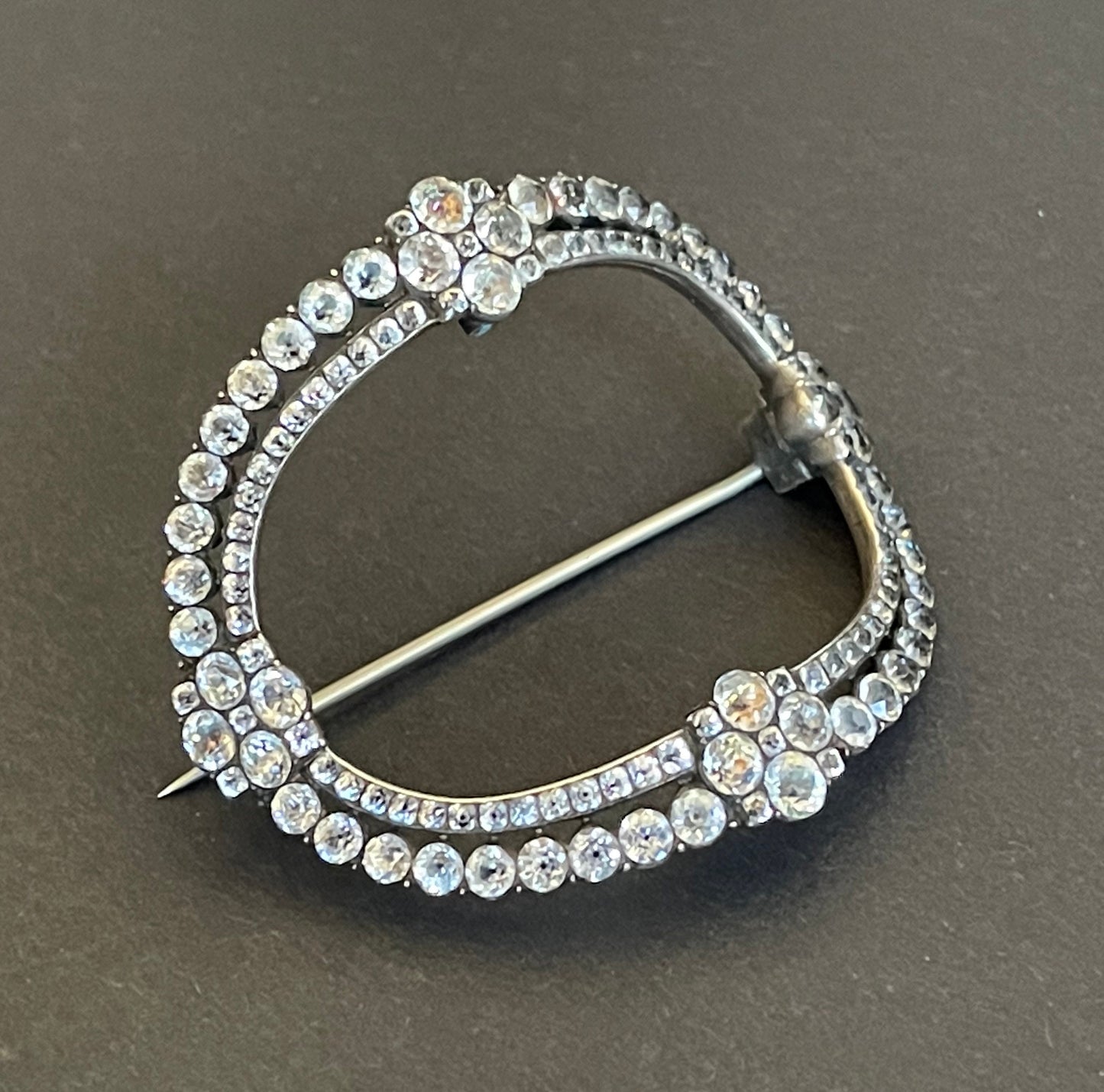 Large antique Georgian sterling silver, black dot clear paste rhinestone huge buckle brooch pin