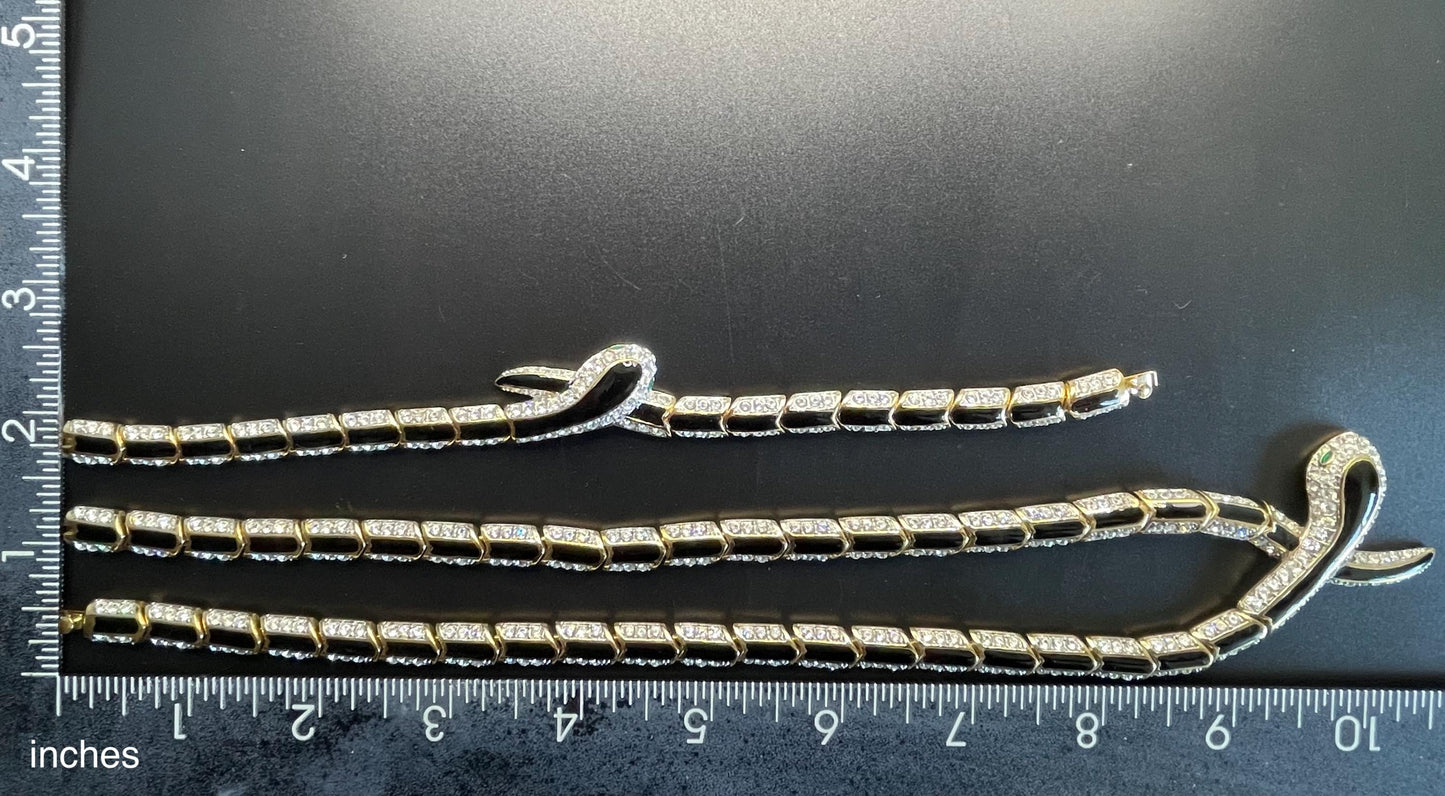 Vintage snake necklace and bracelet set, 22ct gold plated with clear rhinestone, black green enamel, unsigned Attwood and Sawyer A&S, fabulous quality 1980s style