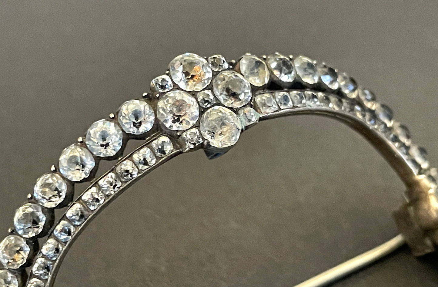 Large antique Georgian sterling silver, black dot clear paste rhinestone huge buckle brooch pin