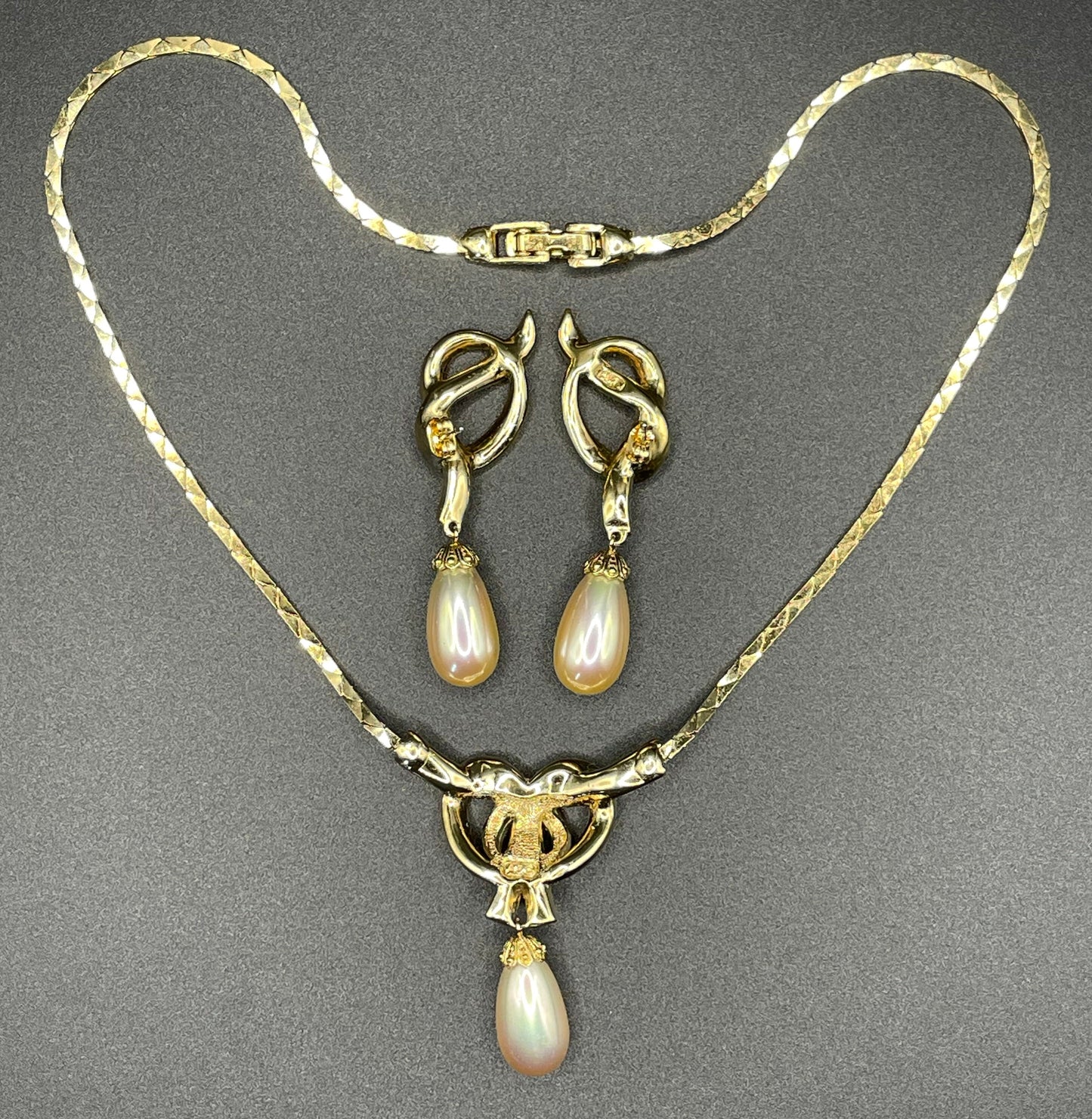 Vintage Attwood and Sawyer (A&S) signed faux pearl drop, rhinestone and 22ct gold plated necklace and earrings set, earrings for pierced ears