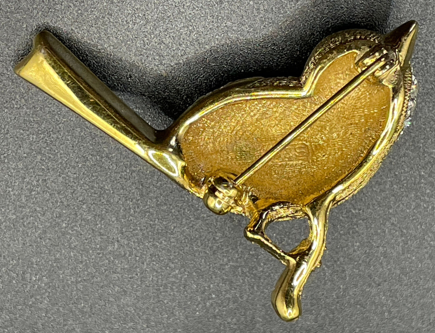 Vintage signed Attwood and Sawyer (A&S) 22ct gold plated with clear and red rhinestone adorable wren bird brooch