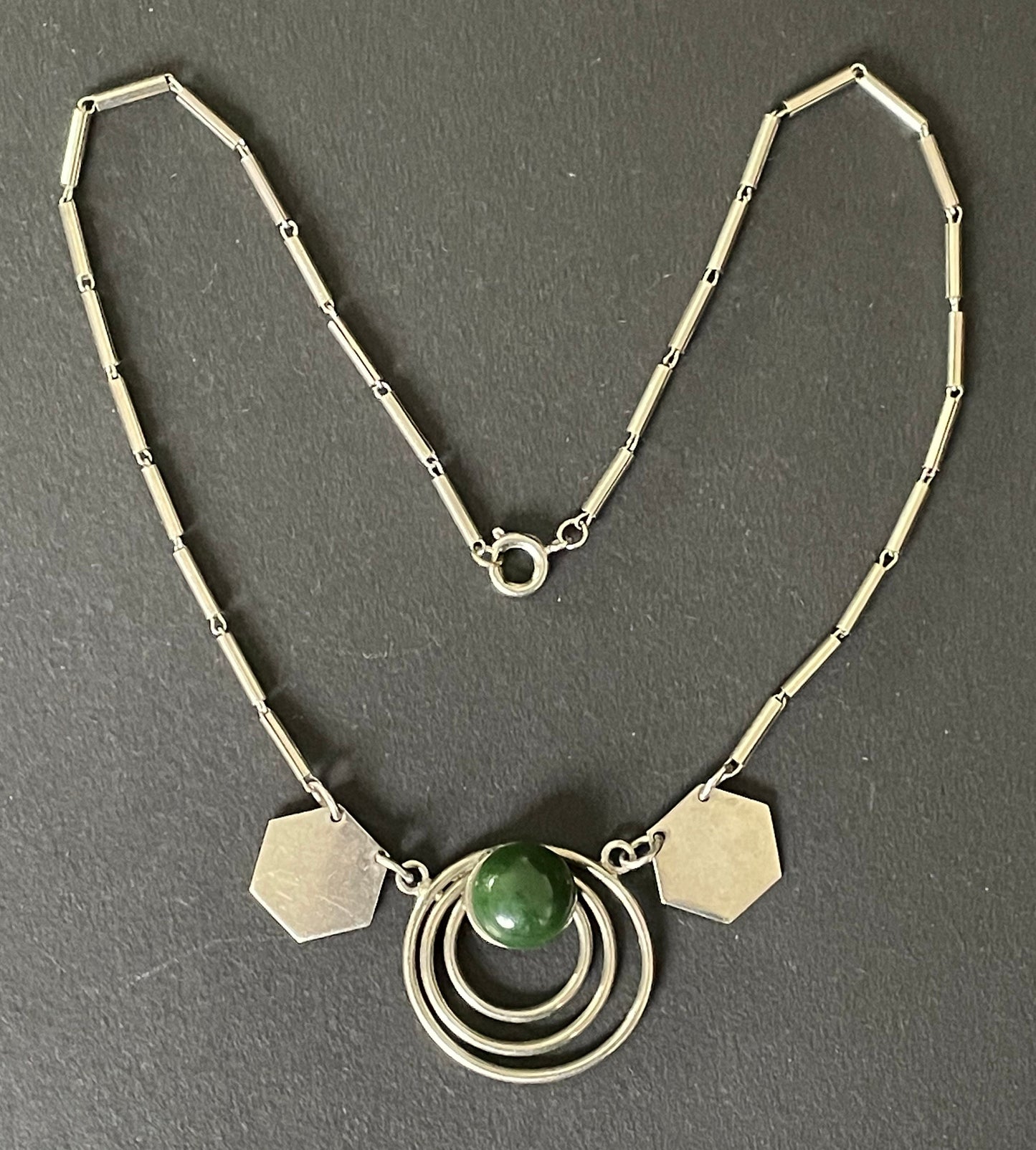Vintage Jakob Bengel Art Deco machine age chrome and olive green galalith cabochon geometric necklace