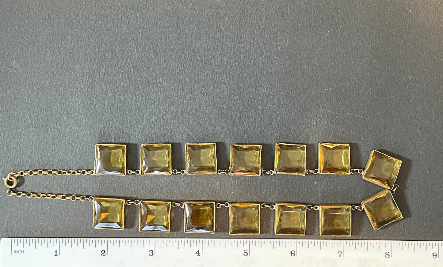 Antique late 19th century citrine yellow / orange crystal glass riviere necklace, huge bezel set open backed princess cut square rhinestones