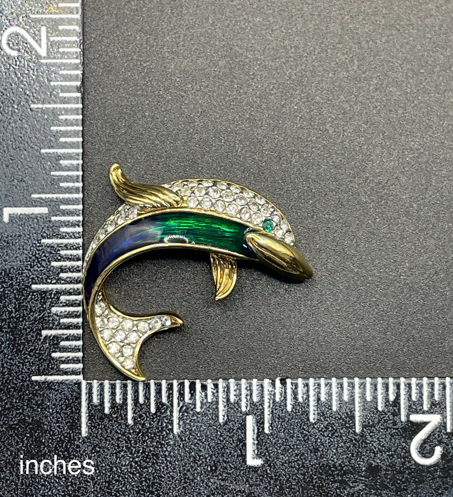 Vintage Attwood and Sawyer signed A&S 22ct gold plated, rhinestone and blue / green enamel dolphin brooch - adorable