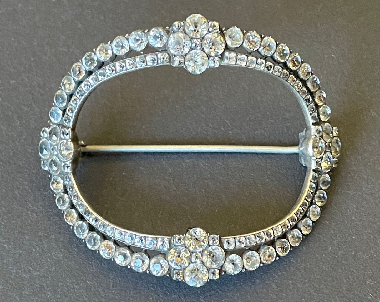 Large antique Georgian sterling silver, black dot clear paste rhinestone huge buckle brooch pin