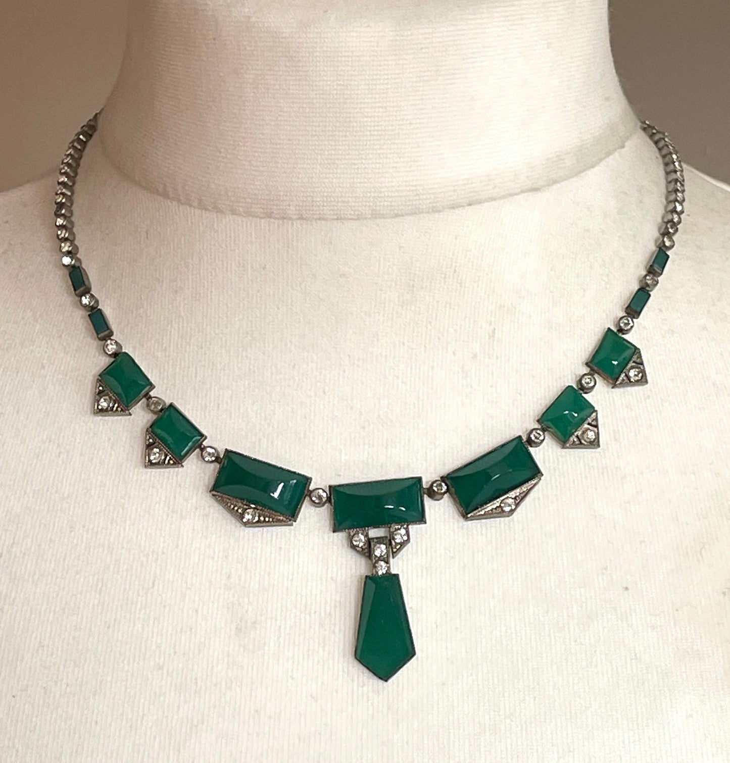Vintage Art Deco Czech deep green moulded glass and silver tone necklace with collet set clear rhinestones in riviere style