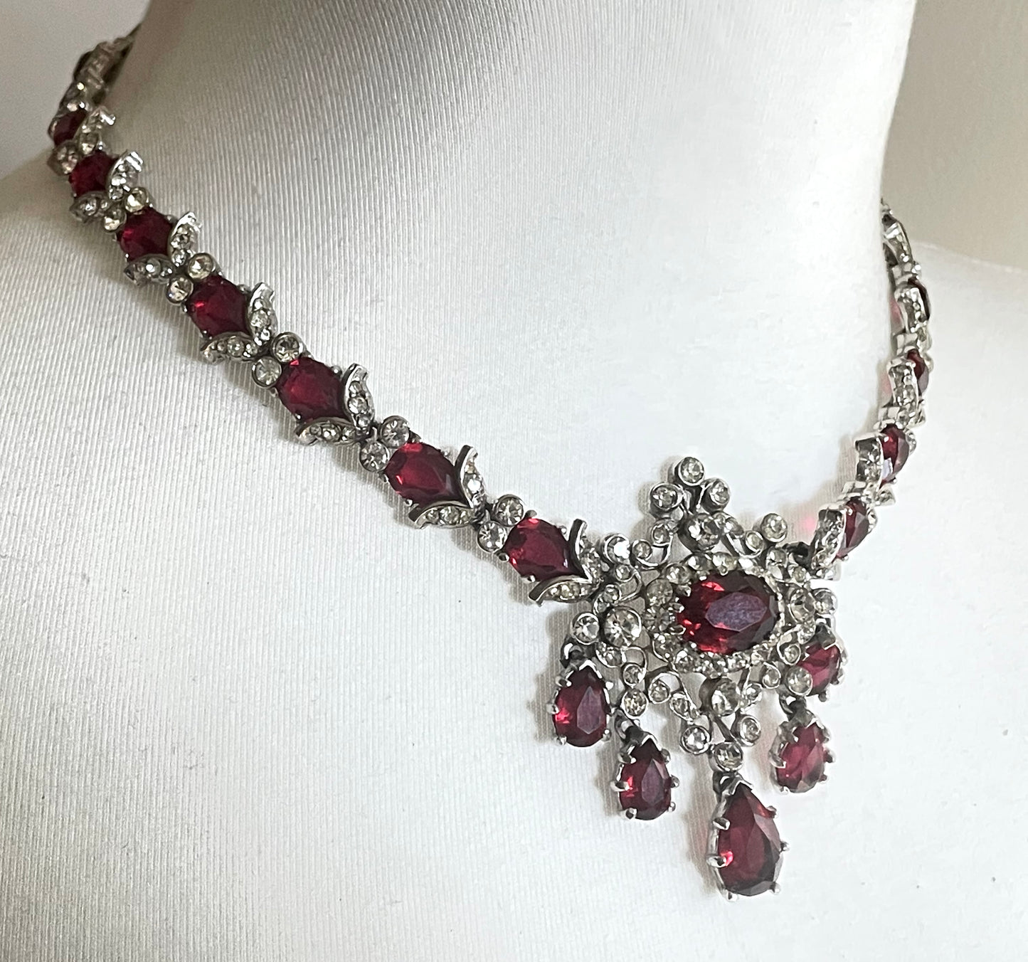 Vintage unsigned baroque style, ornate ruby red and clear rhinestone necklace, fabulous quality