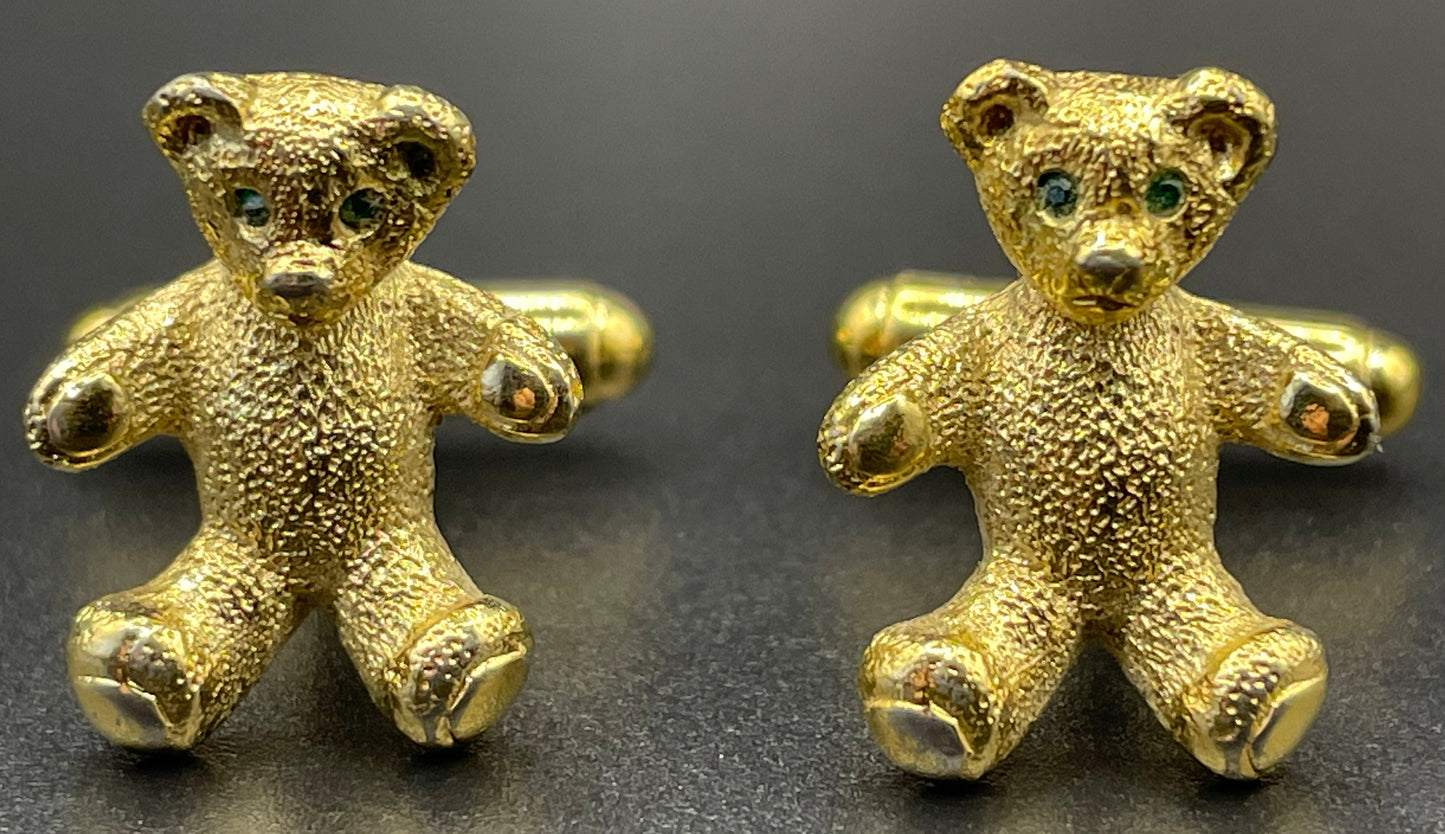 Vintage Butler and Wilson signed B&W gold tone and green rhinestone teddy bear cuff links, 40th anniversary design