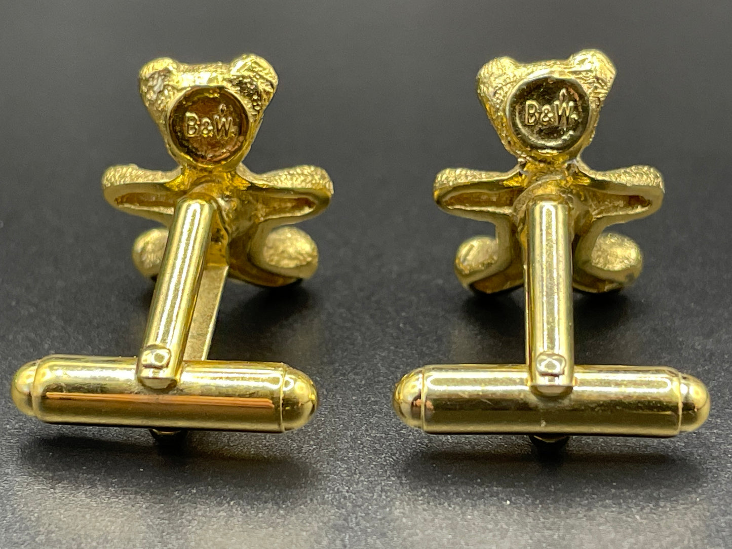 Vintage Butler and Wilson signed B&W gold tone and green rhinestone teddy bear cuff links, 40th anniversary design