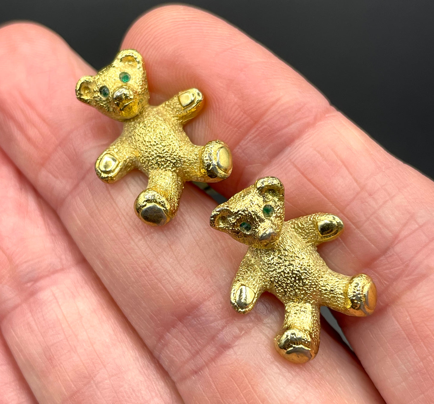 Vintage Butler and Wilson signed B&W gold tone and green rhinestone teddy bear cuff links, 40th anniversary design