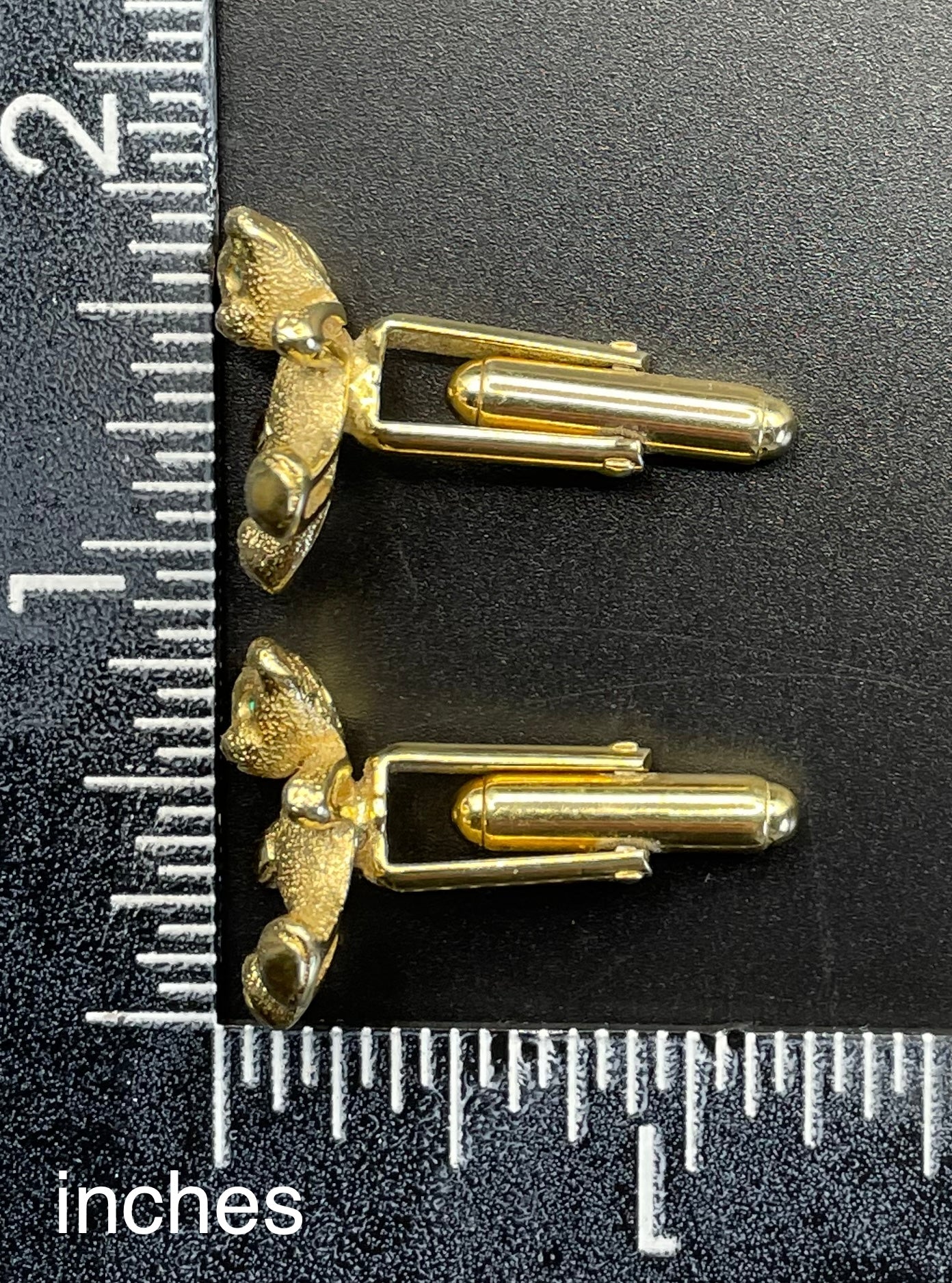 Vintage Butler and Wilson signed B&W gold tone and green rhinestone teddy bear cuff links, 40th anniversary design