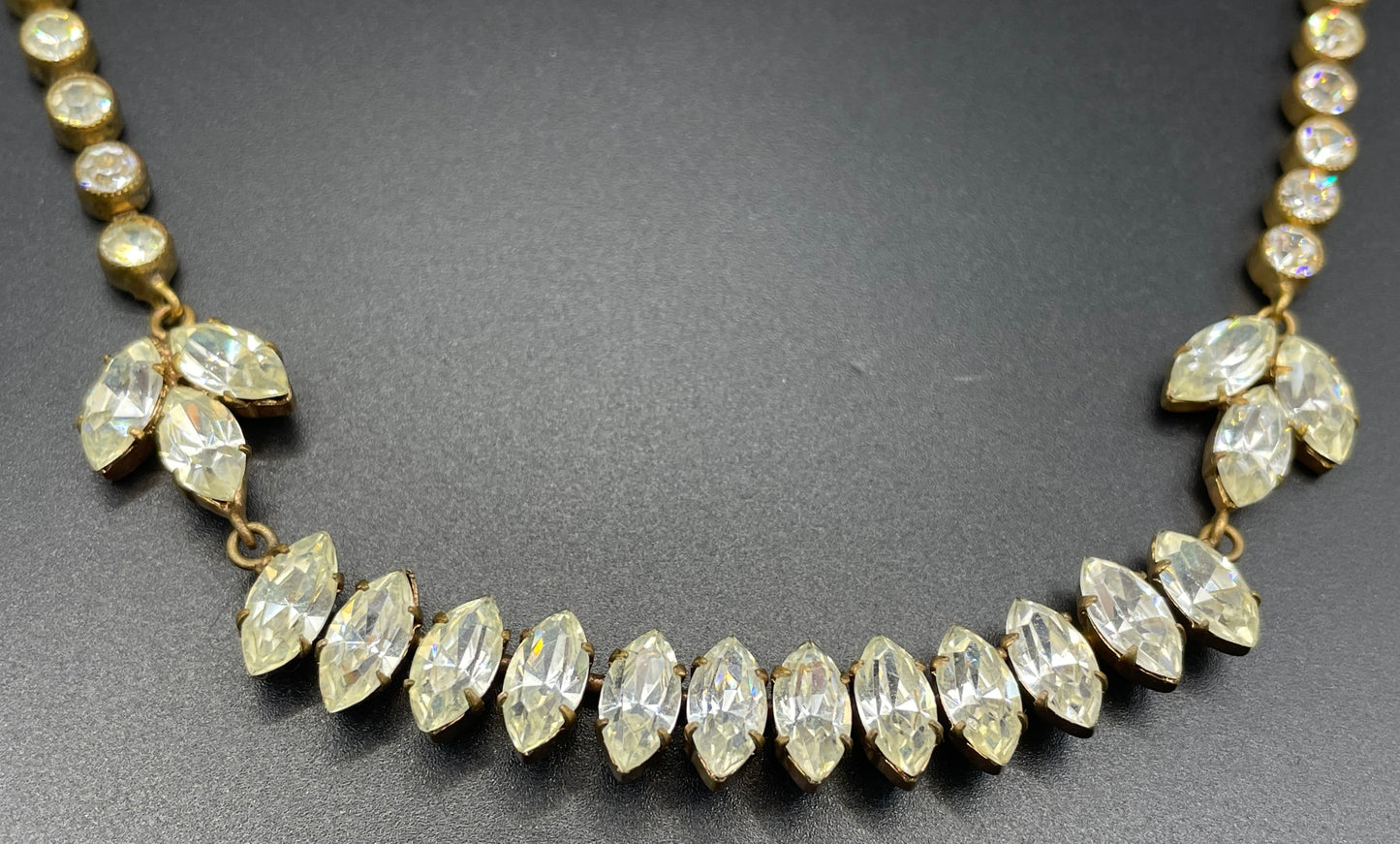 Vintage Art Deco Czech clear crystal paste and gold tone necklace, clear collet set rhinestone riviere with pretty marquise cut stones