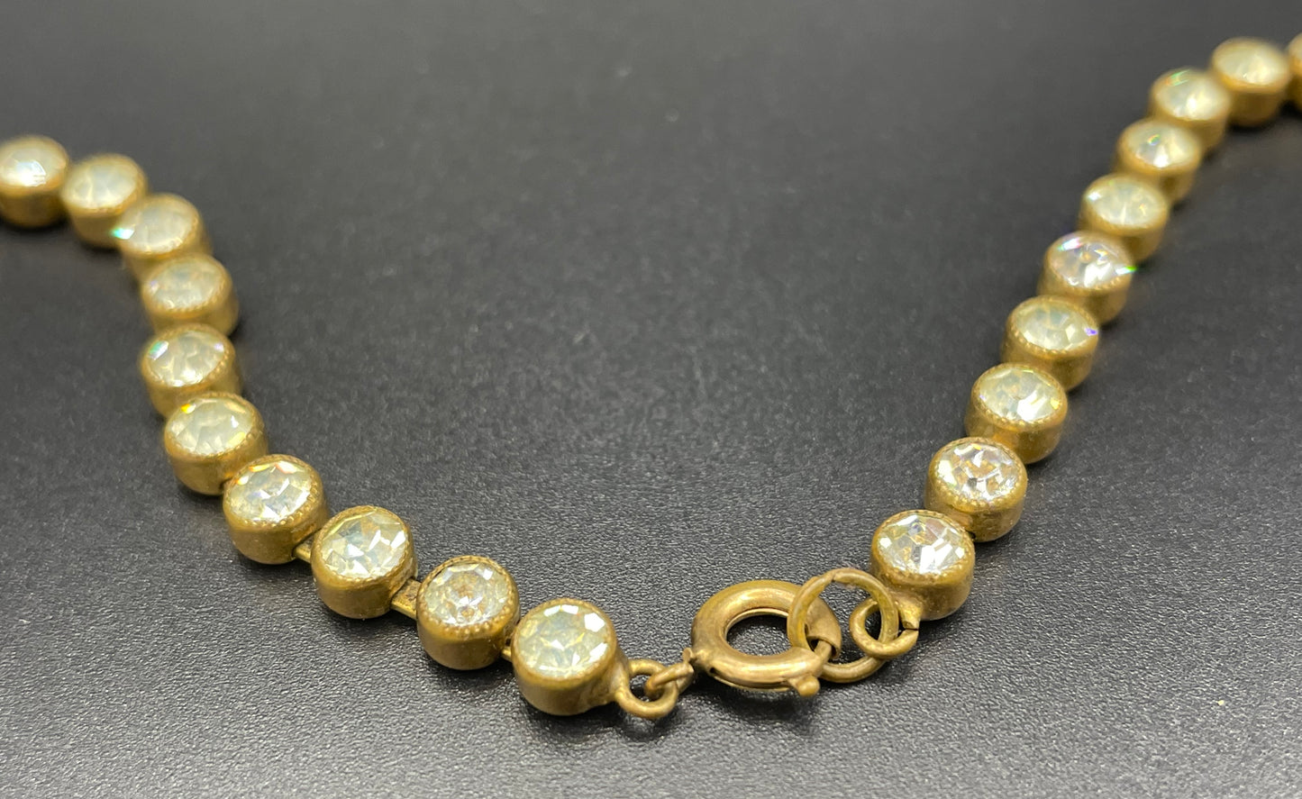 Vintage Art Deco Czech clear crystal paste and gold tone necklace, clear collet set rhinestone riviere with pretty marquise cut stones