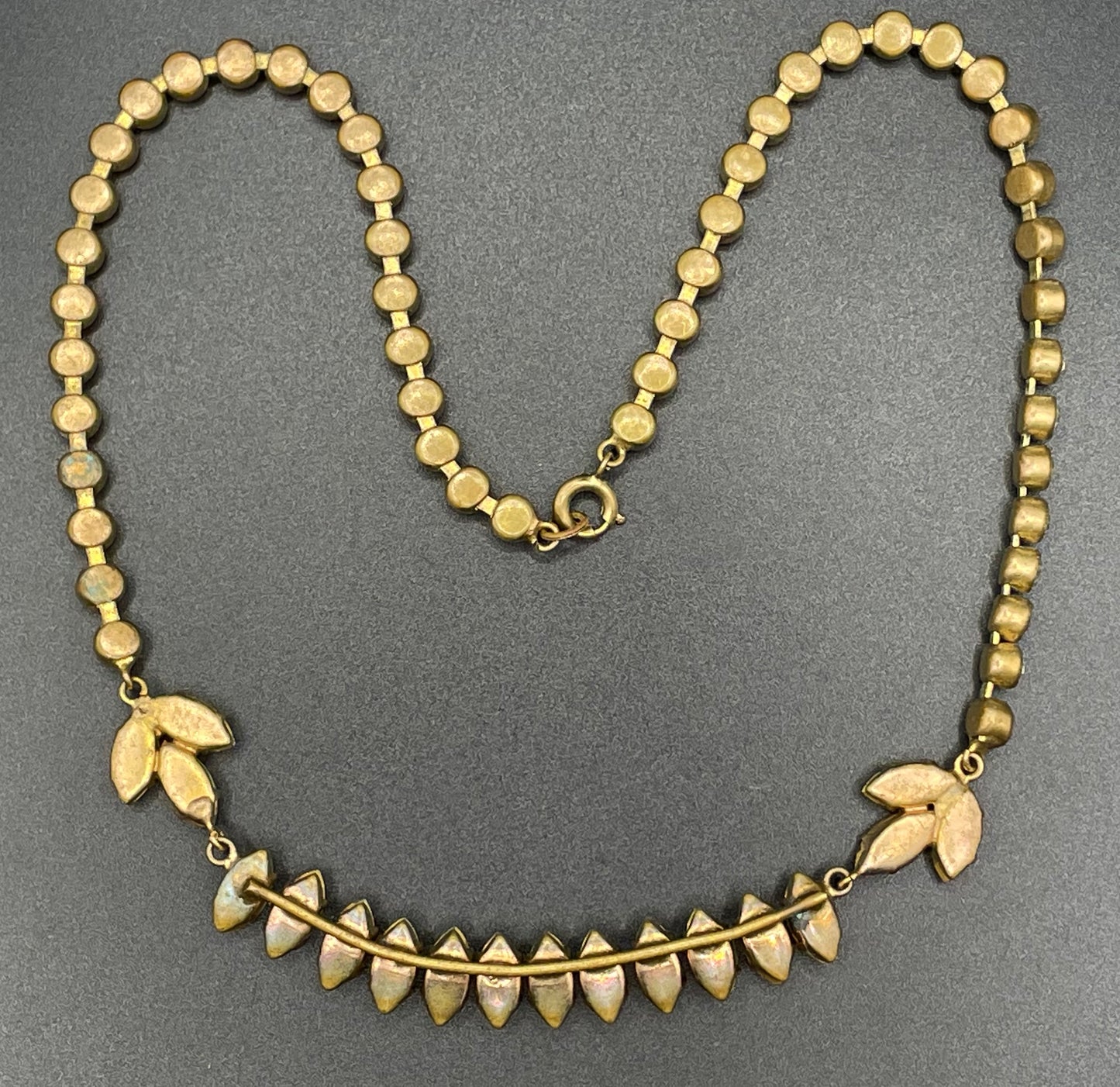 Vintage Art Deco Czech clear crystal paste and gold tone necklace, clear collet set rhinestone riviere with pretty marquise cut stones
