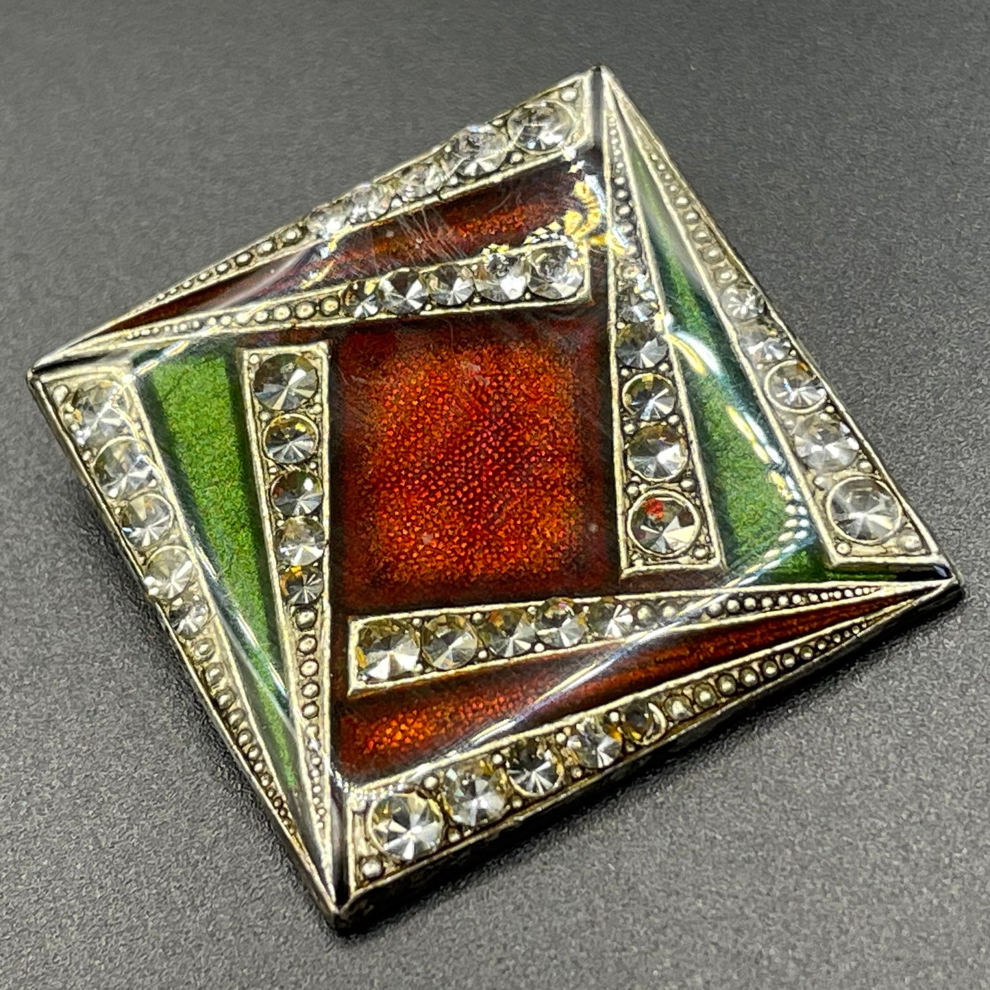 Vintage Pierre Bex Art Deco green and deep red / burgundy enamel and rhinestone square brooch, fabulous geometric design