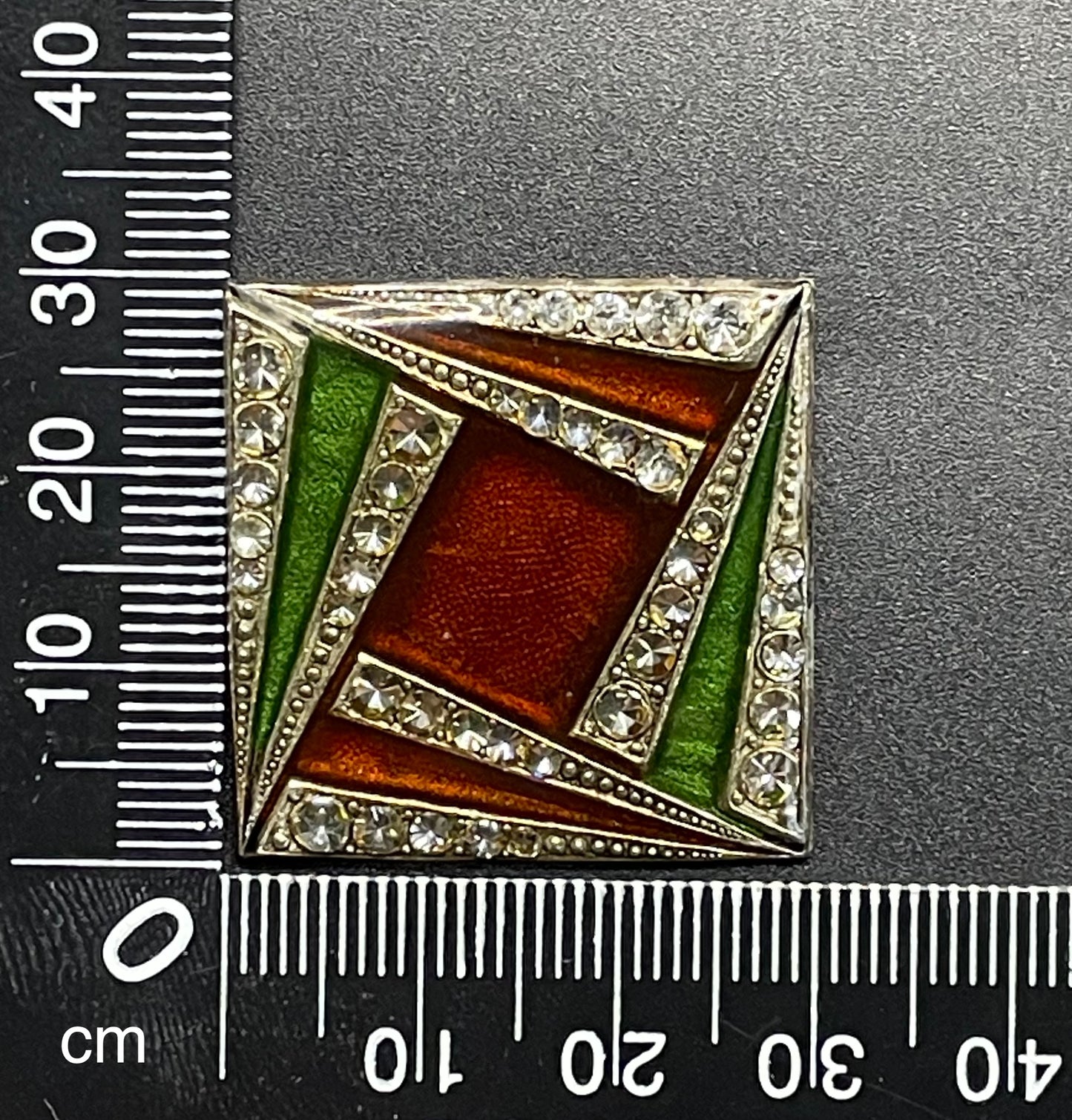 Vintage Pierre Bex Art Deco green and deep red / burgundy enamel and rhinestone square brooch, fabulous geometric design