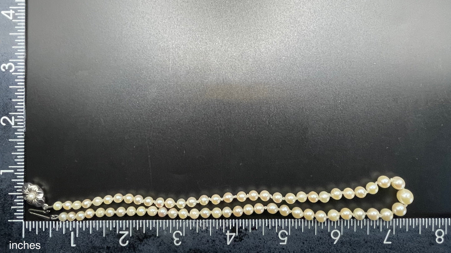 Antique real cultured pearl choker necklace, pearls graduated in size, hand-knotted, pretty sterling silver clasp, classic chic