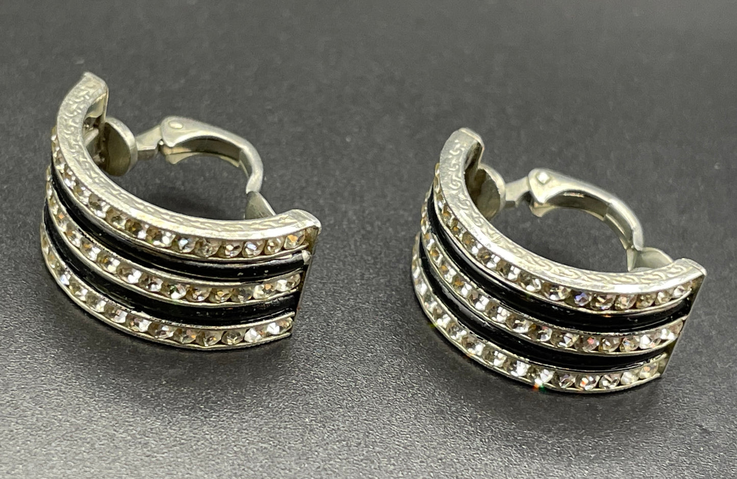Vintage Art Deco channel set geometric paste rhinestone clip on earrings - unsigned Schreiber & Hiller DRGM, rhinestone and black galalith