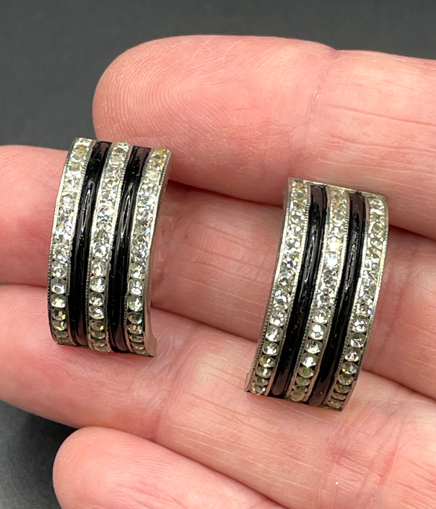 Vintage Art Deco channel set geometric paste rhinestone clip on earrings - unsigned Schreiber & Hiller DRGM, rhinestone and black galalith