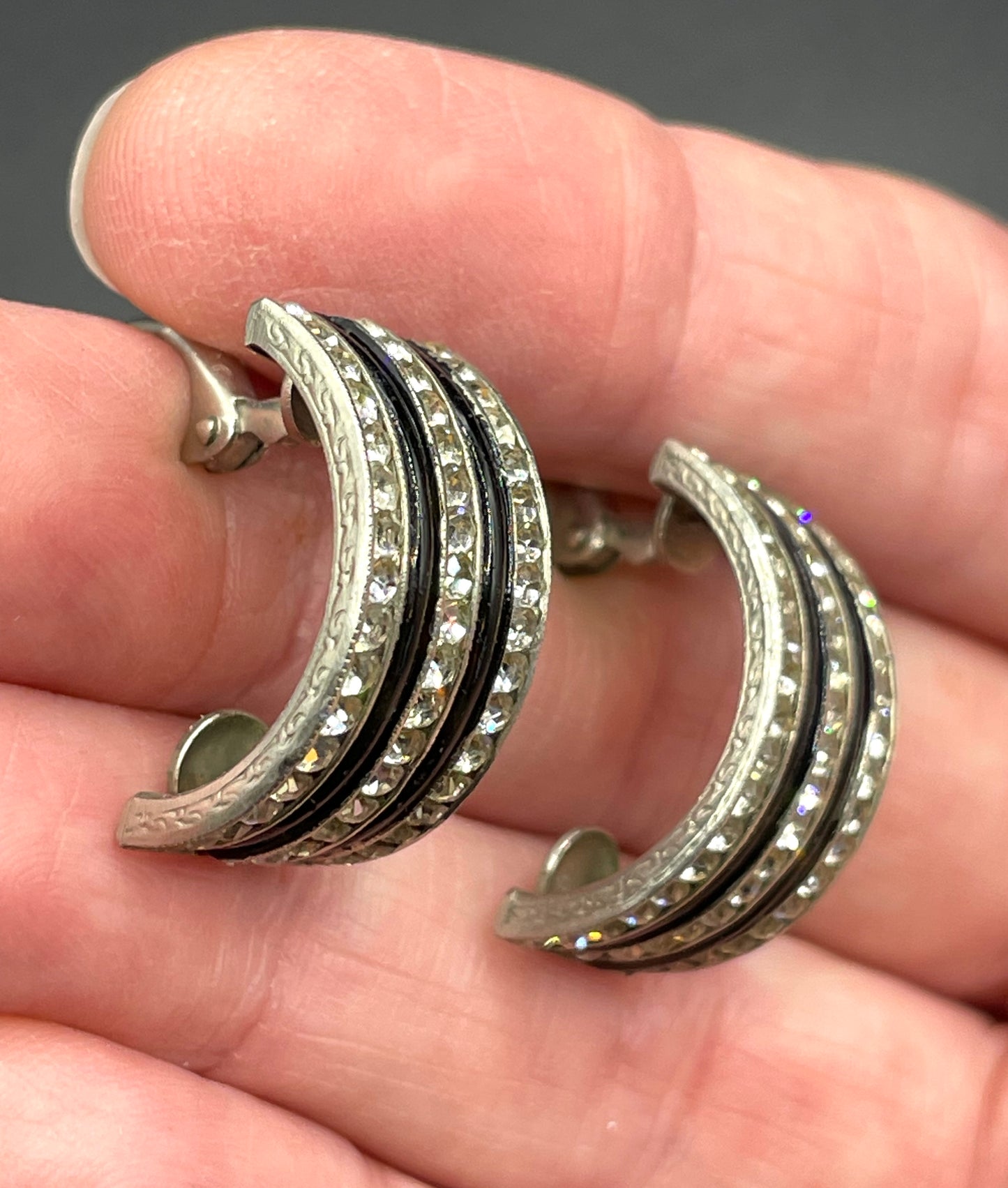Vintage Art Deco channel set geometric paste rhinestone clip on earrings - unsigned Schreiber & Hiller DRGM, rhinestone and black galalith