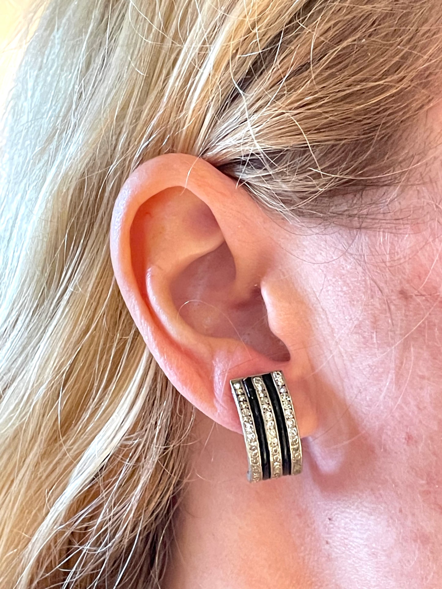 Vintage Art Deco channel set geometric paste rhinestone clip on earrings - unsigned Schreiber & Hiller DRGM, rhinestone and black galalith