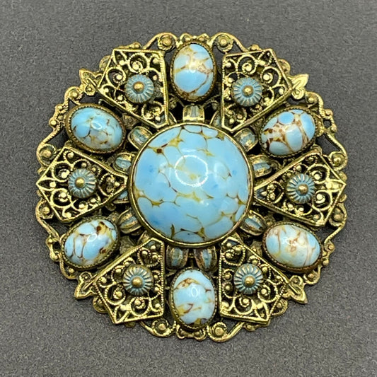 Vintage Neiger brothers Art Deco faux turquoise glass cabochon brooch in gold tone filigree