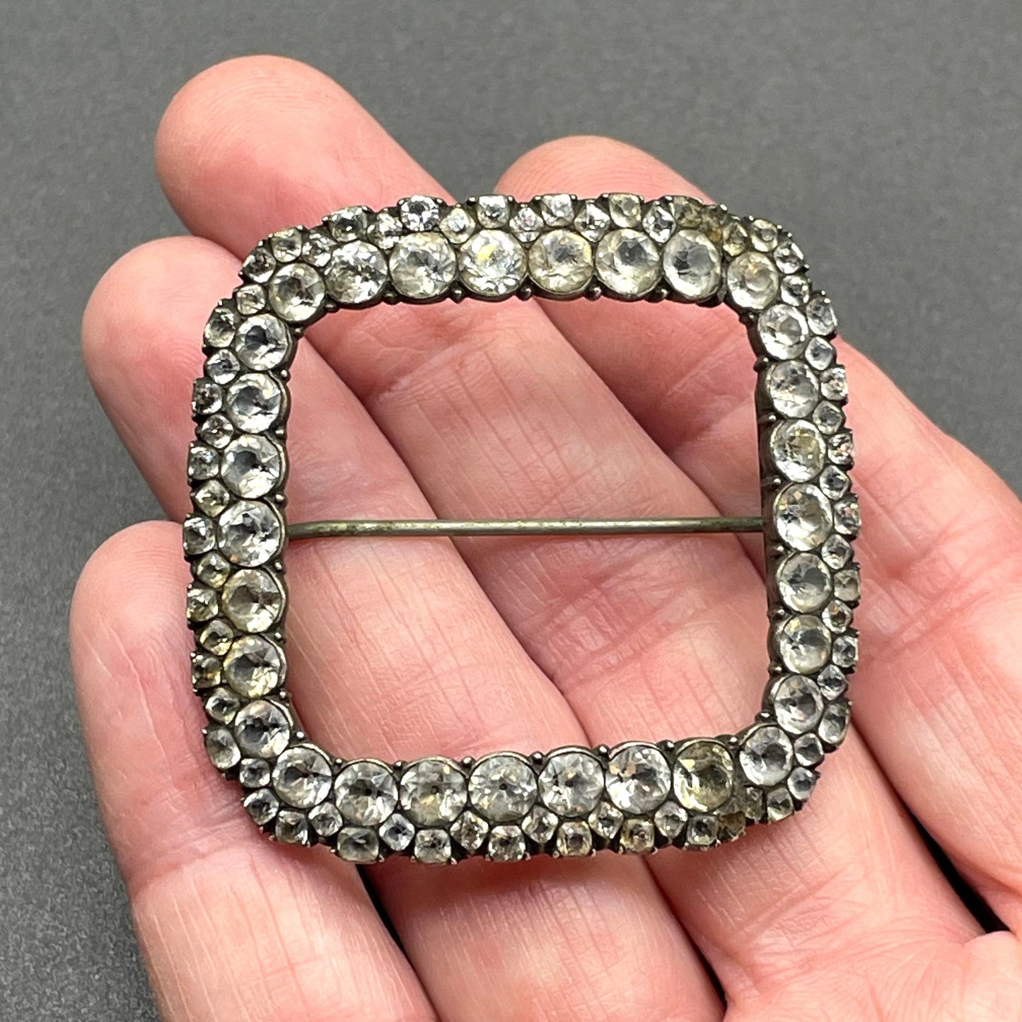 Antique Georgian sterling silver, black dot clear paste rhinestone square buckle brooch pin, early 1800s