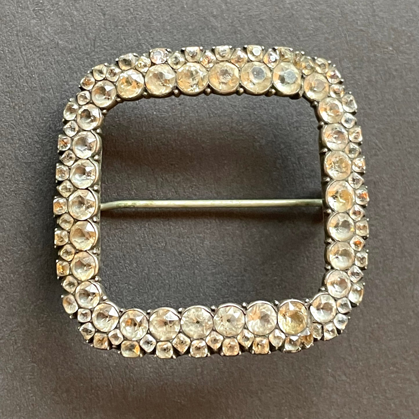 Antique Georgian sterling silver, black dot clear paste rhinestone square buckle brooch pin, early 1800s
