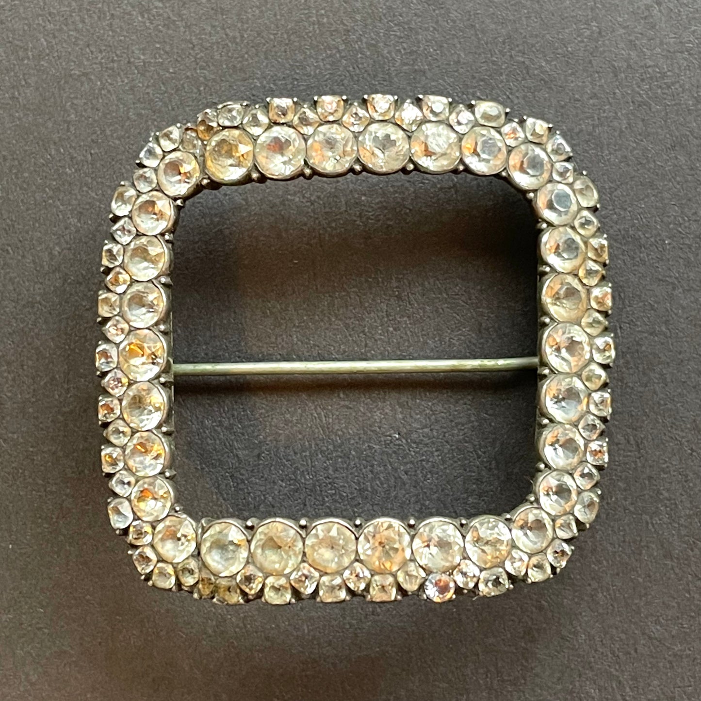 Antique Georgian sterling silver, black dot clear paste rhinestone square buckle brooch pin, early 1800s