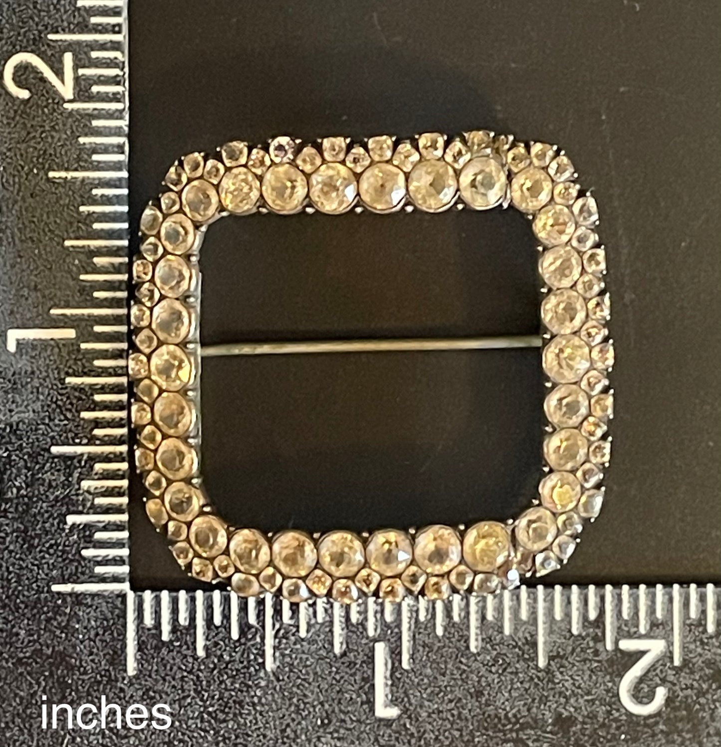 Antique Georgian sterling silver, black dot clear paste rhinestone square buckle brooch pin, early 1800s