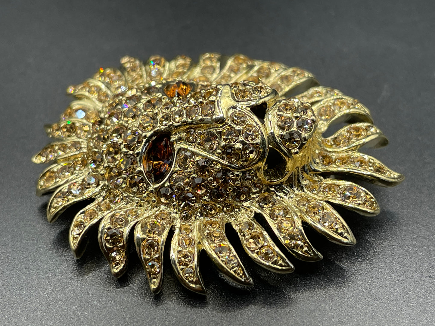 Vintage Attwood and Sawyer (A&S) large rhinestone lion brooch - signed, 22ct gold-plated, champagne and topaz colour stones