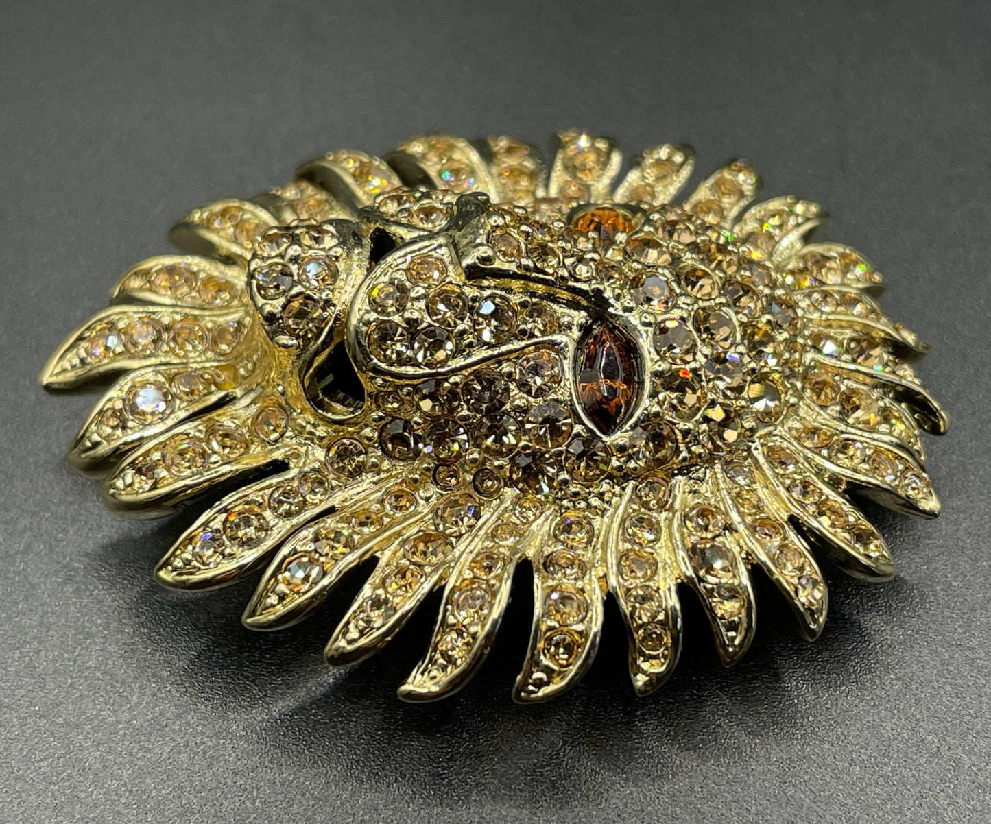 Vintage Attwood and Sawyer (A&S) large rhinestone lion brooch - signed, 22ct gold-plated, champagne and topaz colour stones
