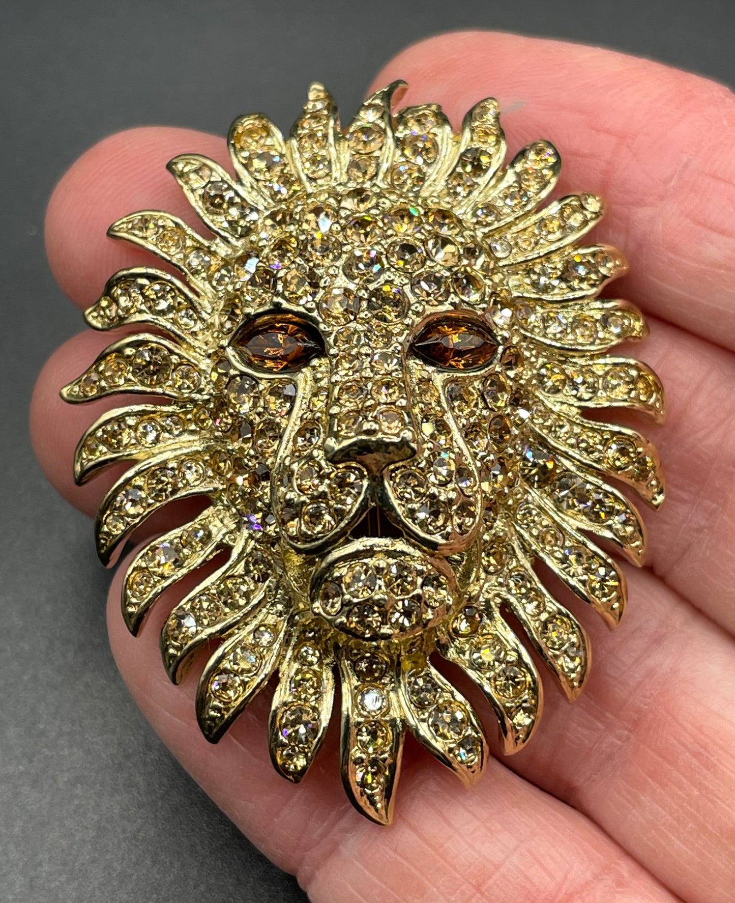 Vintage Attwood and Sawyer (A&S) large rhinestone lion brooch - signed, 22ct gold-plated, champagne and topaz colour stones