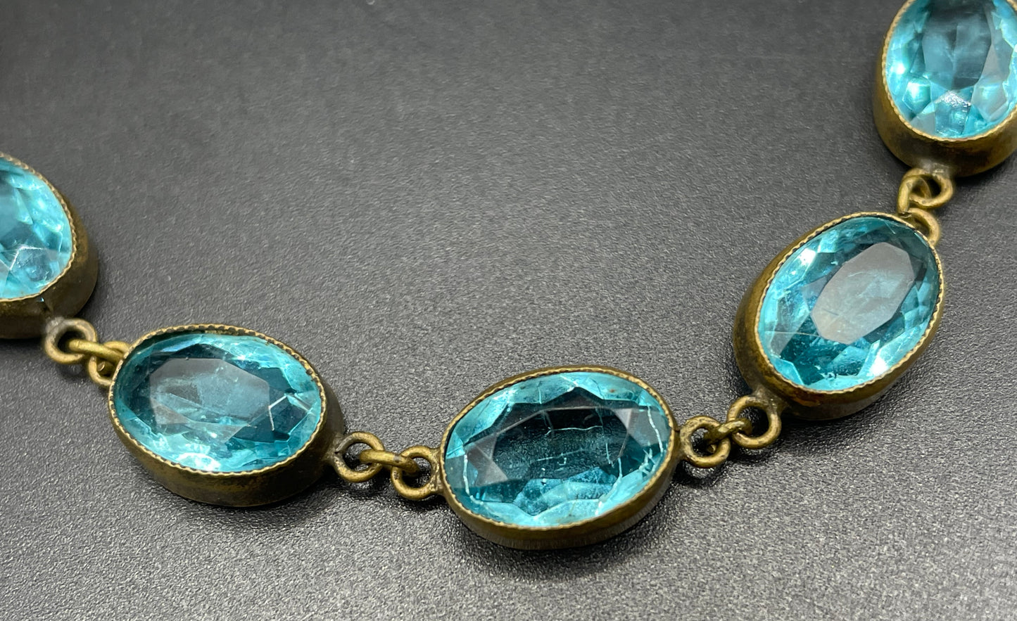 Vintage sapphire blue paste riviere collet set bracelet, bezel set, open backed large, oval glass stones, generous length