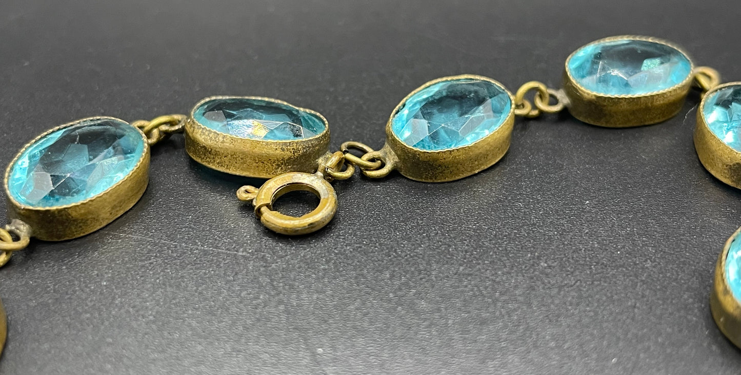 Vintage sapphire blue paste riviere collet set bracelet, bezel set, open backed large, oval glass stones, generous length