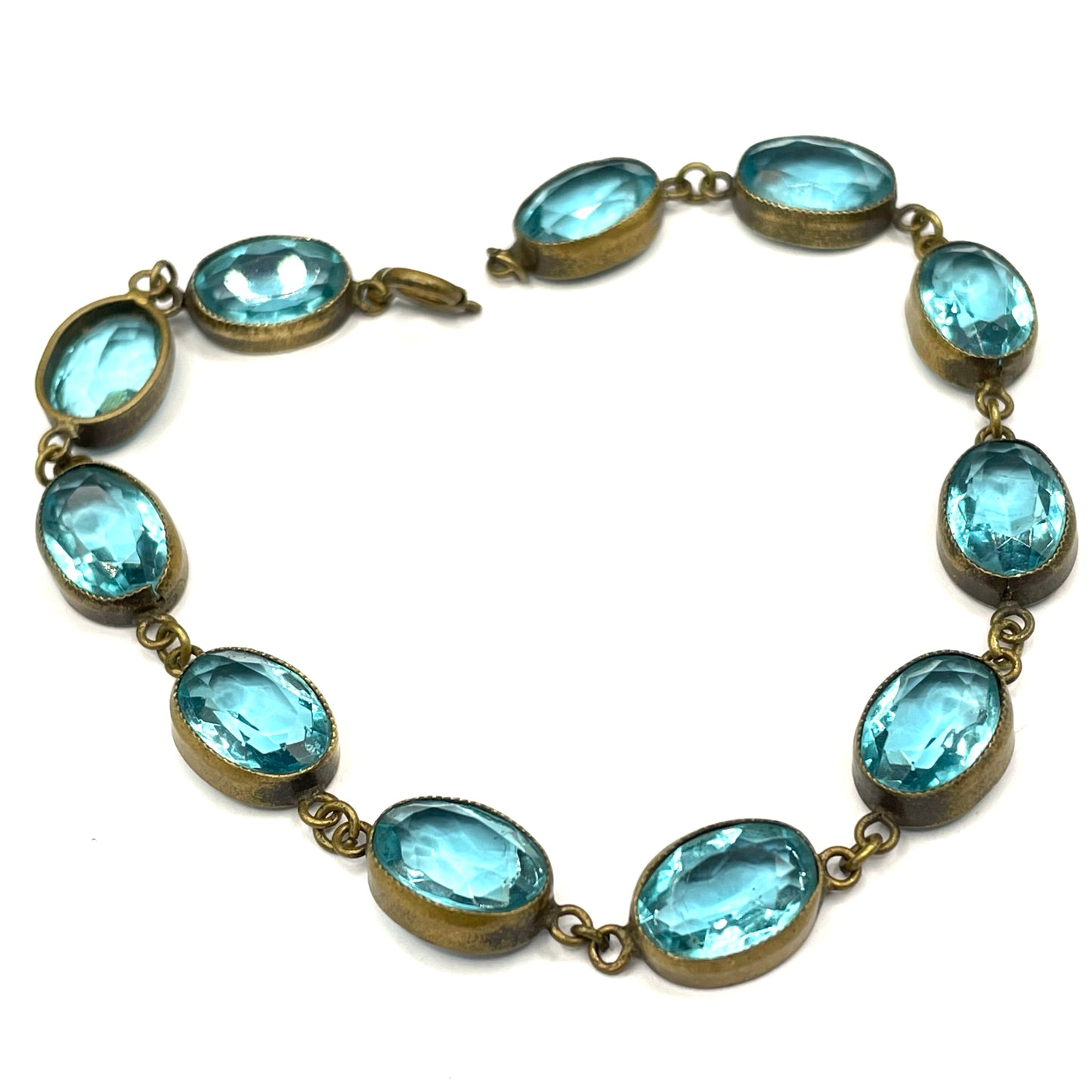 Vintage sapphire blue paste riviere collet set bracelet, bezel set, open backed large, oval glass stones, generous length