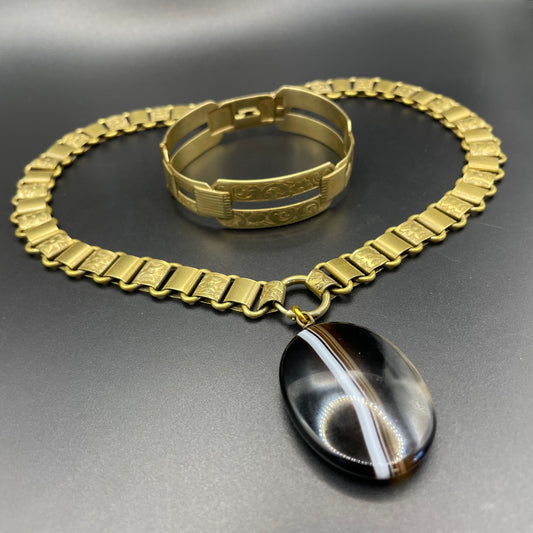 Antique Victorian gold plated or rolled gold bookchain necklace with large oval bullseye agate pendant and bangle set