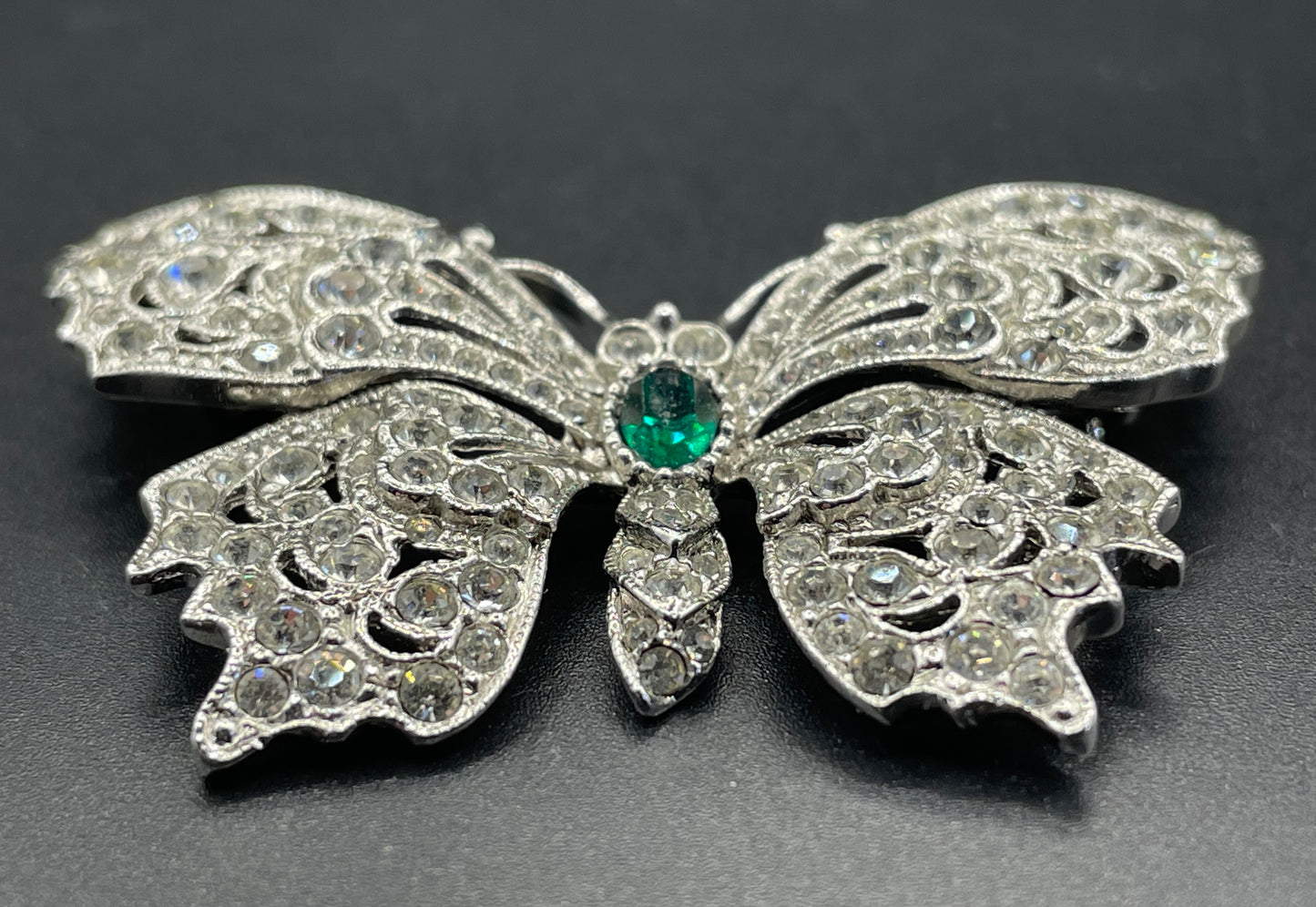 Vintage Attwood and Sawyer A&S signed butterfly brooch, clear pave rhinestone encrusted, emerald green rhinestone and silver tone