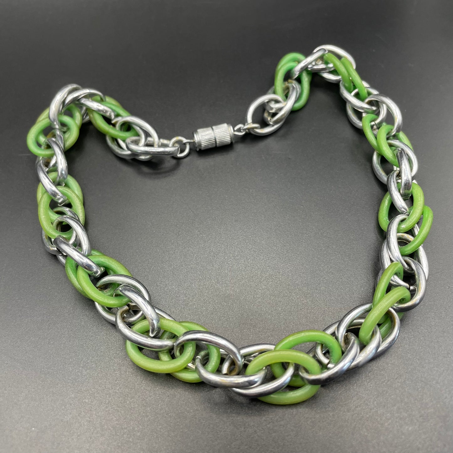 Vintage Jakob Bengel Art Deco machine age geometric silver tone chrome and green galalith interlocking ring chunky chain style necklace