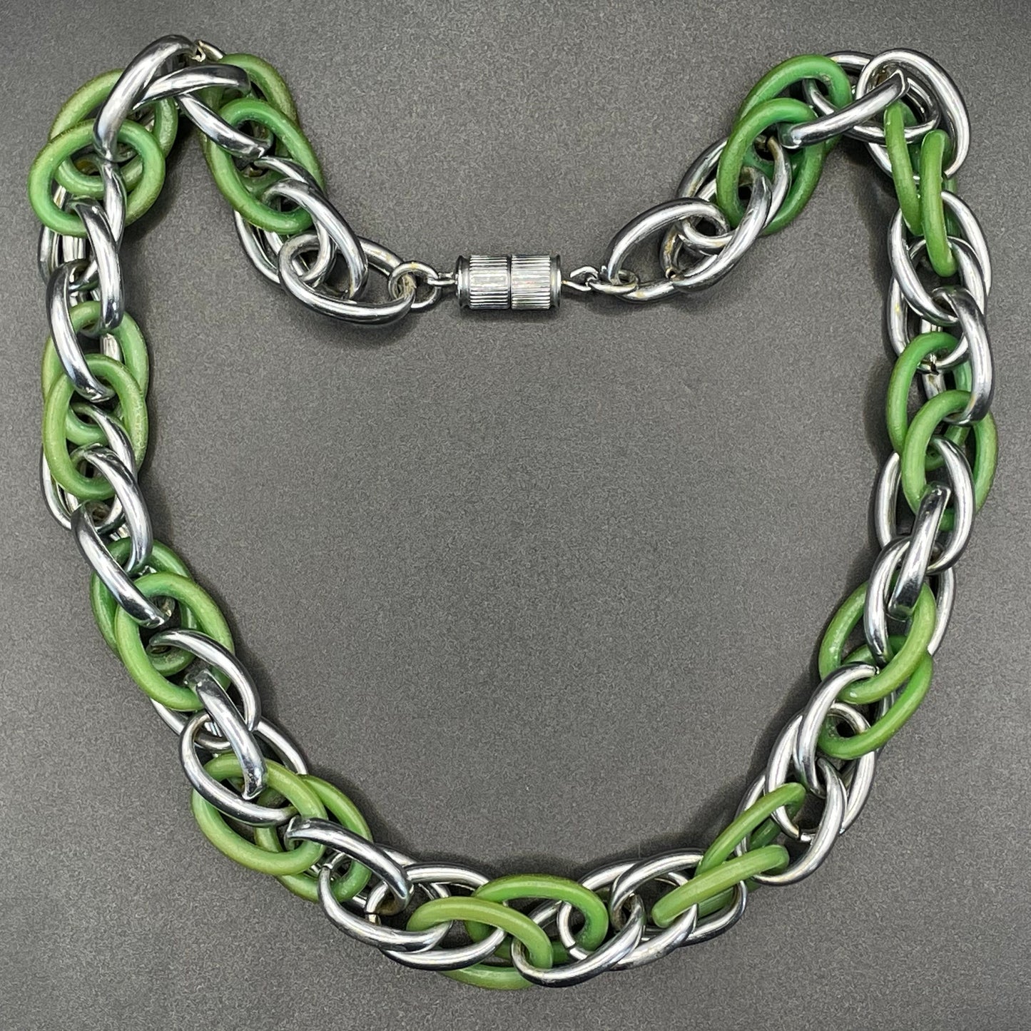 Vintage Jakob Bengel Art Deco machine age geometric silver tone chrome and green galalith interlocking ring chunky chain style necklace