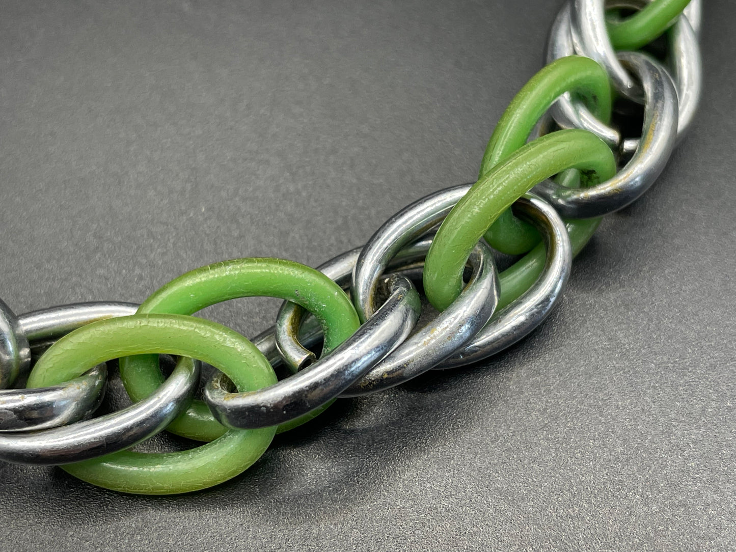 Vintage Jakob Bengel Art Deco machine age geometric silver tone chrome and green galalith interlocking ring chunky chain style necklace