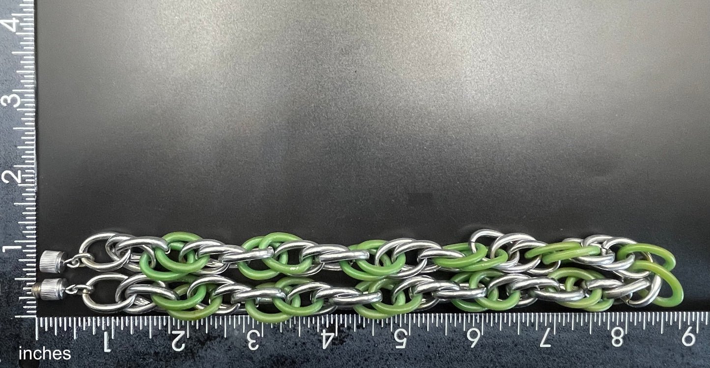 Vintage Jakob Bengel Art Deco machine age geometric silver tone chrome and green galalith interlocking ring chunky chain style necklace