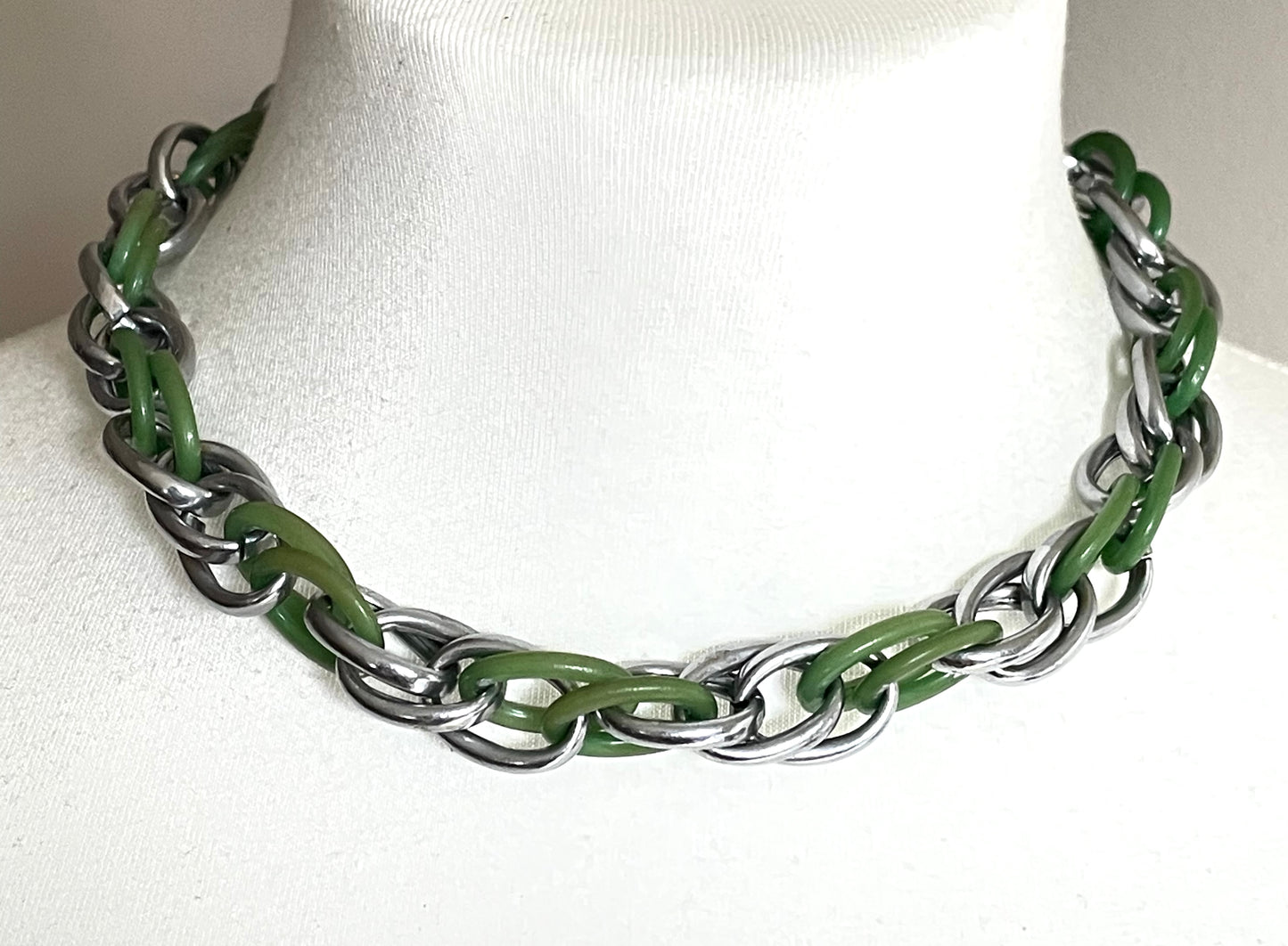 Vintage Jakob Bengel Art Deco machine age geometric silver tone chrome and green galalith interlocking ring chunky chain style necklace