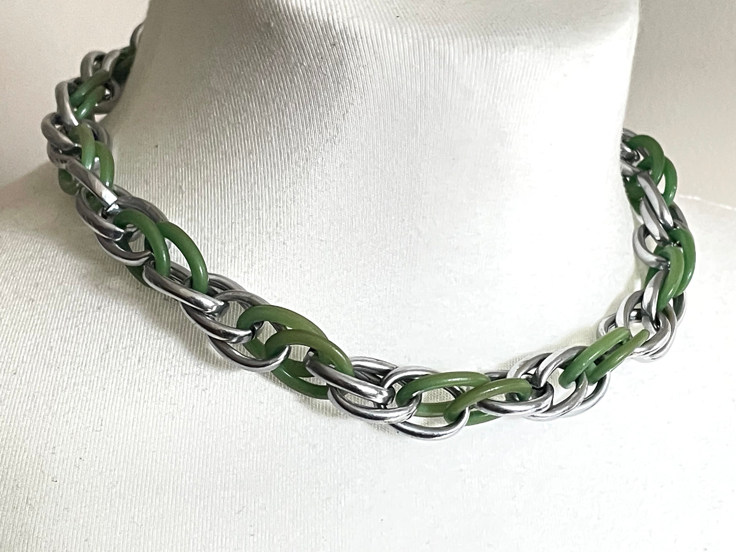Vintage Jakob Bengel Art Deco machine age geometric silver tone chrome and green galalith interlocking ring chunky chain style necklace