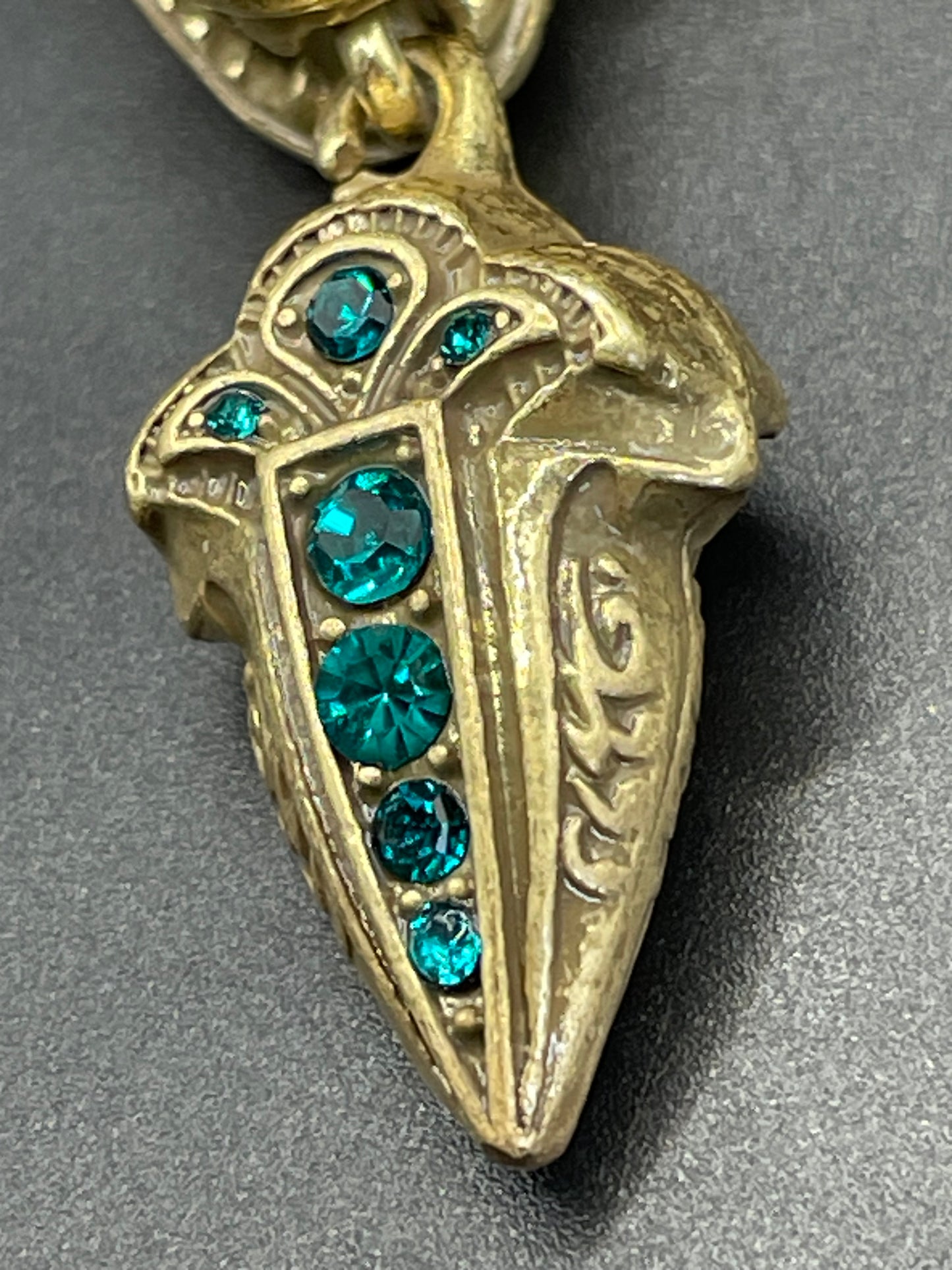 Vintage costume copy of opulent Victorian snake, serpent or dragon design lariat necklace, gold tone with red, green and clear rhinestones