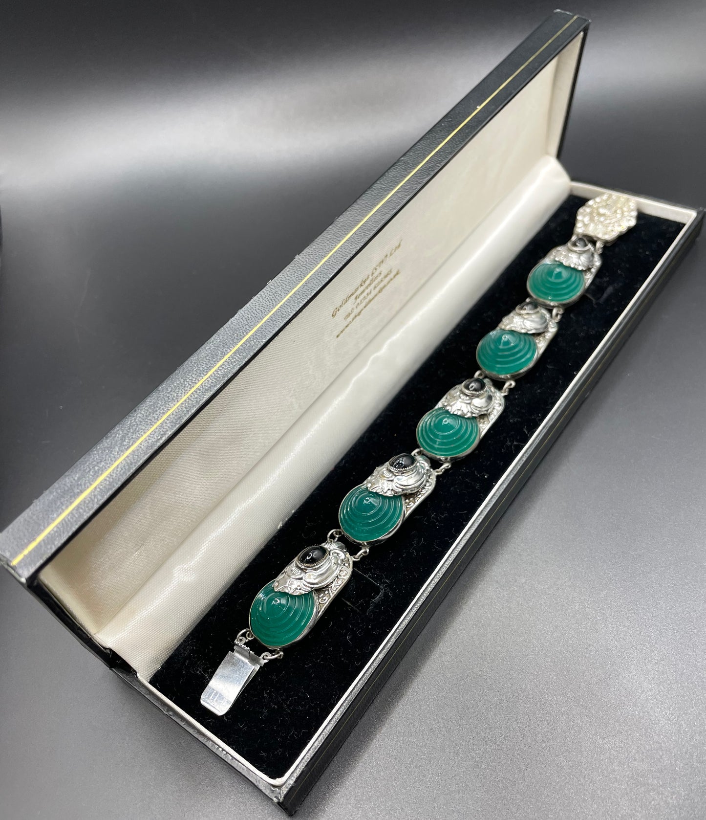 Vintage Art Deco emerald green moulded glass, black glass cabochon and silver tone bracelet - replacement rhinestone clasp