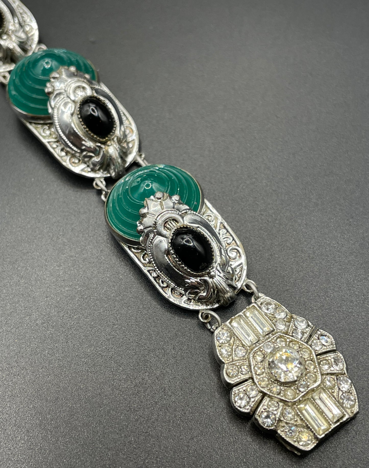 Vintage Art Deco emerald green moulded glass, black glass cabochon and silver tone bracelet - replacement rhinestone clasp