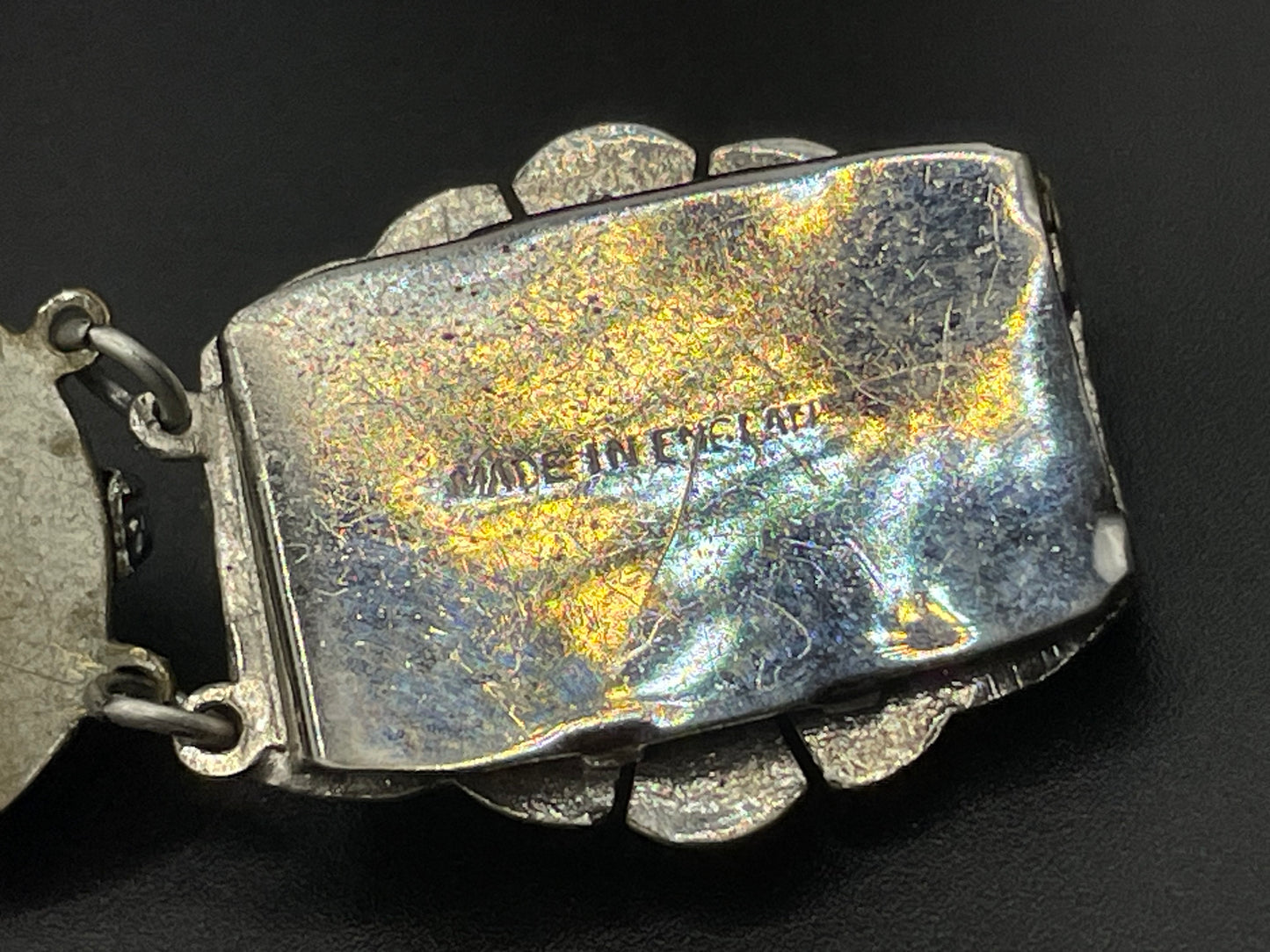 Vintage Art Deco emerald green moulded glass, black glass cabochon and silver tone bracelet - replacement rhinestone clasp