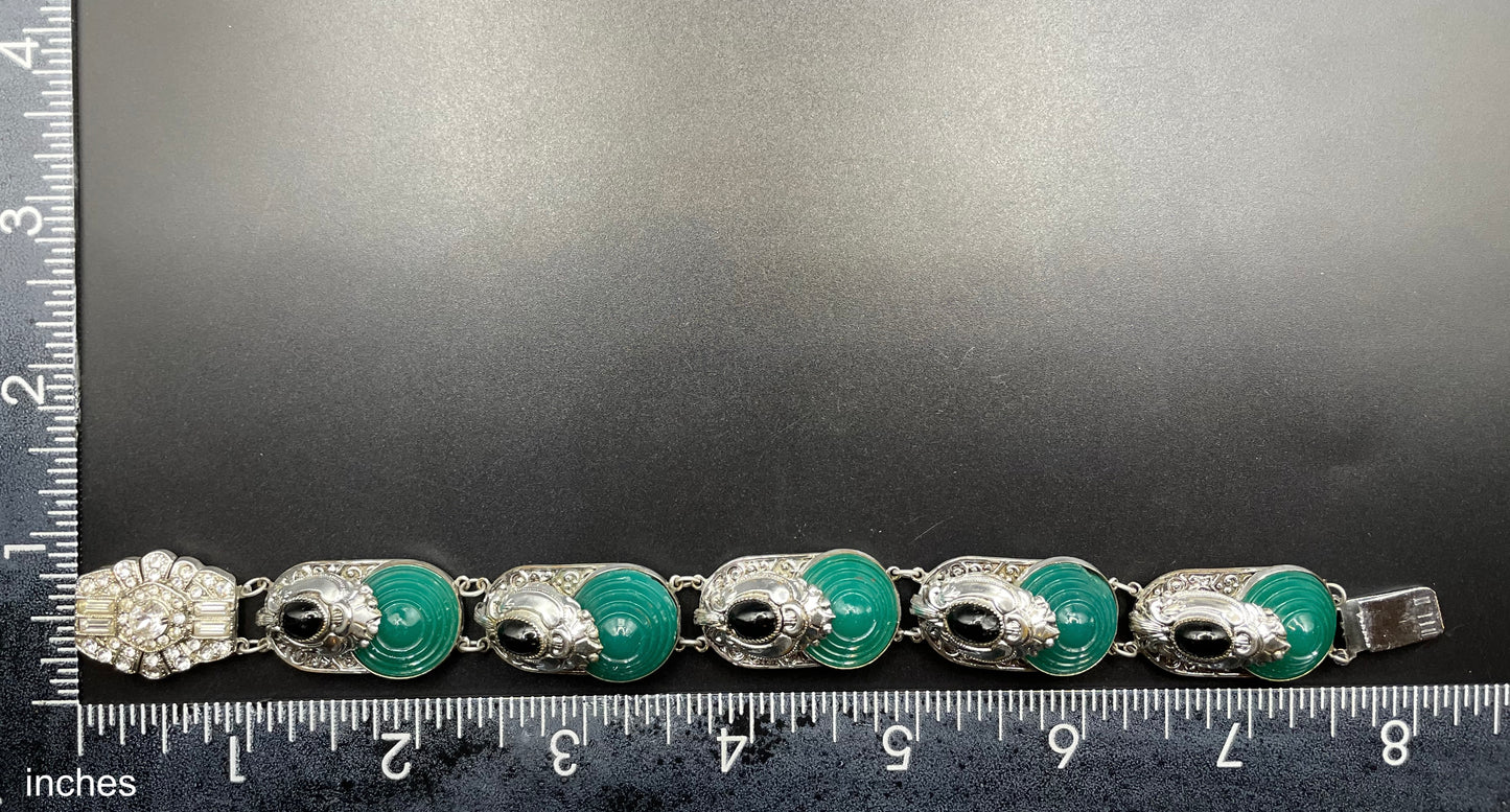Vintage Art Deco emerald green moulded glass, black glass cabochon and silver tone bracelet - replacement rhinestone clasp